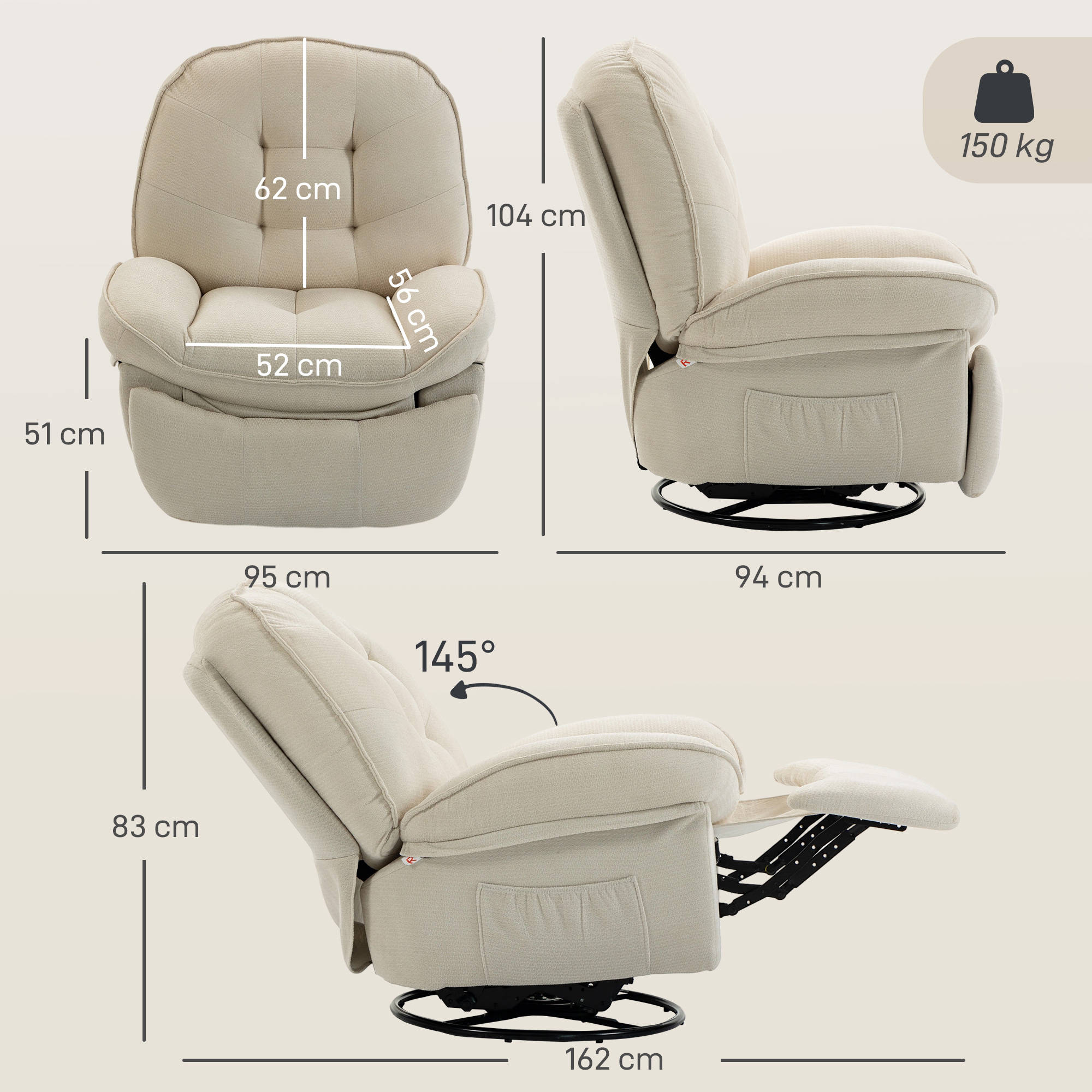 Relaxsessel Fernsehsessel mit Liegefunktion, Drehbarer Ruhesessel mit Wippfunktion, für Wohnzimmer, Schlafzimmer