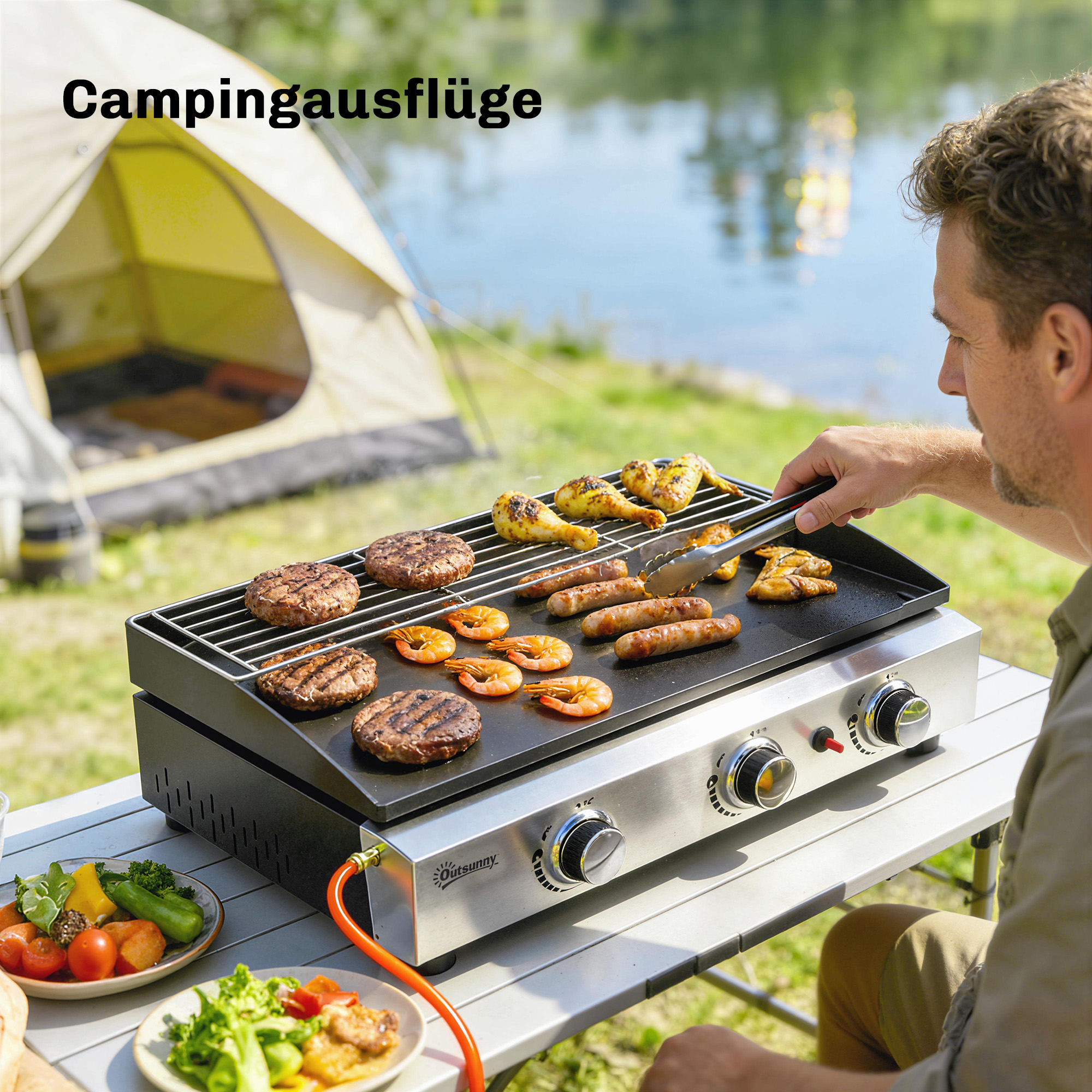 Gasgrill 7,5 KW Tragbarer Tischgrill mit 3 Brenner Keramische Lackbeschichtung Grillrost Warmhalterost