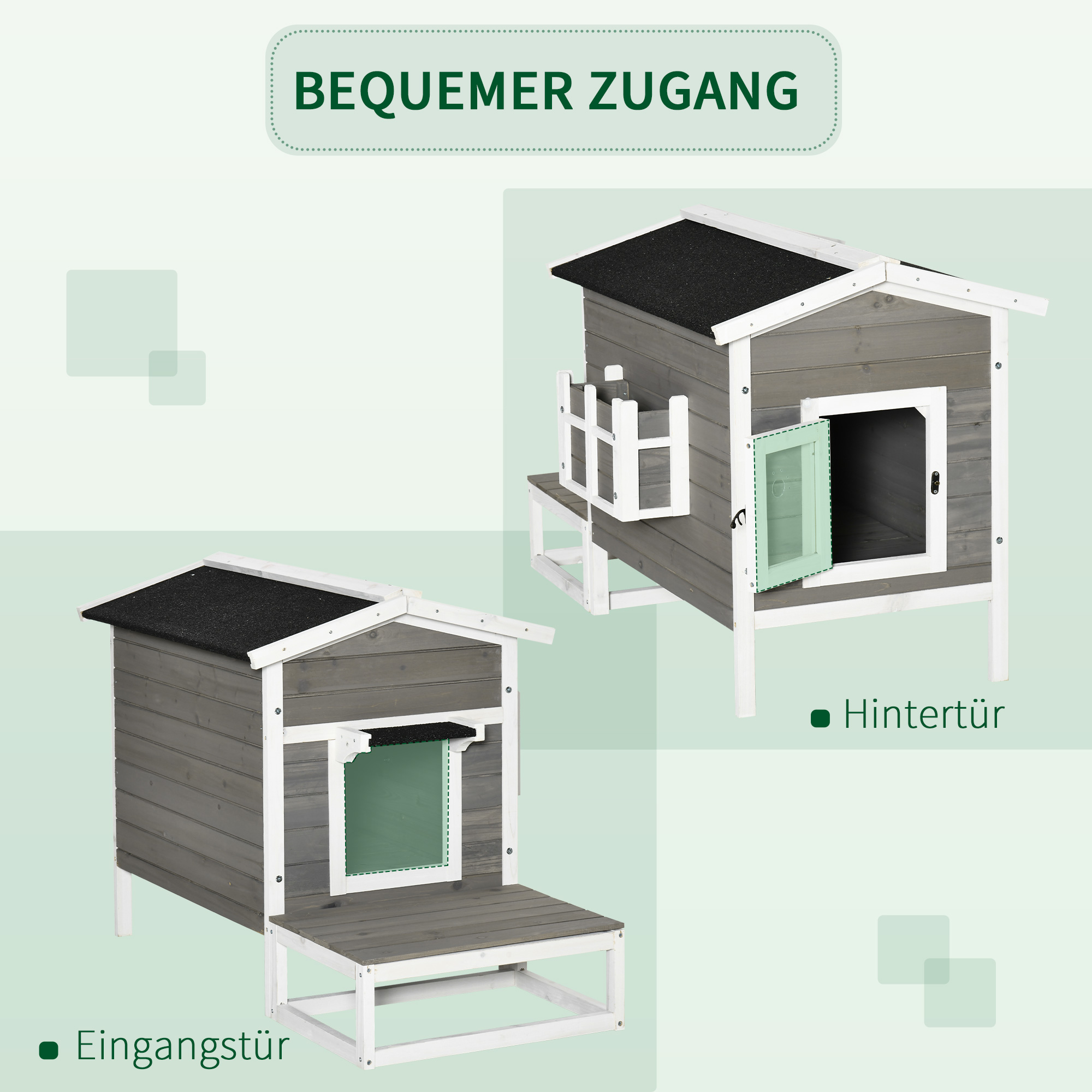 Katzenhaus aus Holz, winterfest wasserdicht Katzenhütte mit Asphaltdach  Terrasse Katzenhöhle Katzenkiste Outdoor Schutzhütte für Draußen Garten Balkon 115 x 66,5 x 74,7 cm Grau+Weiß