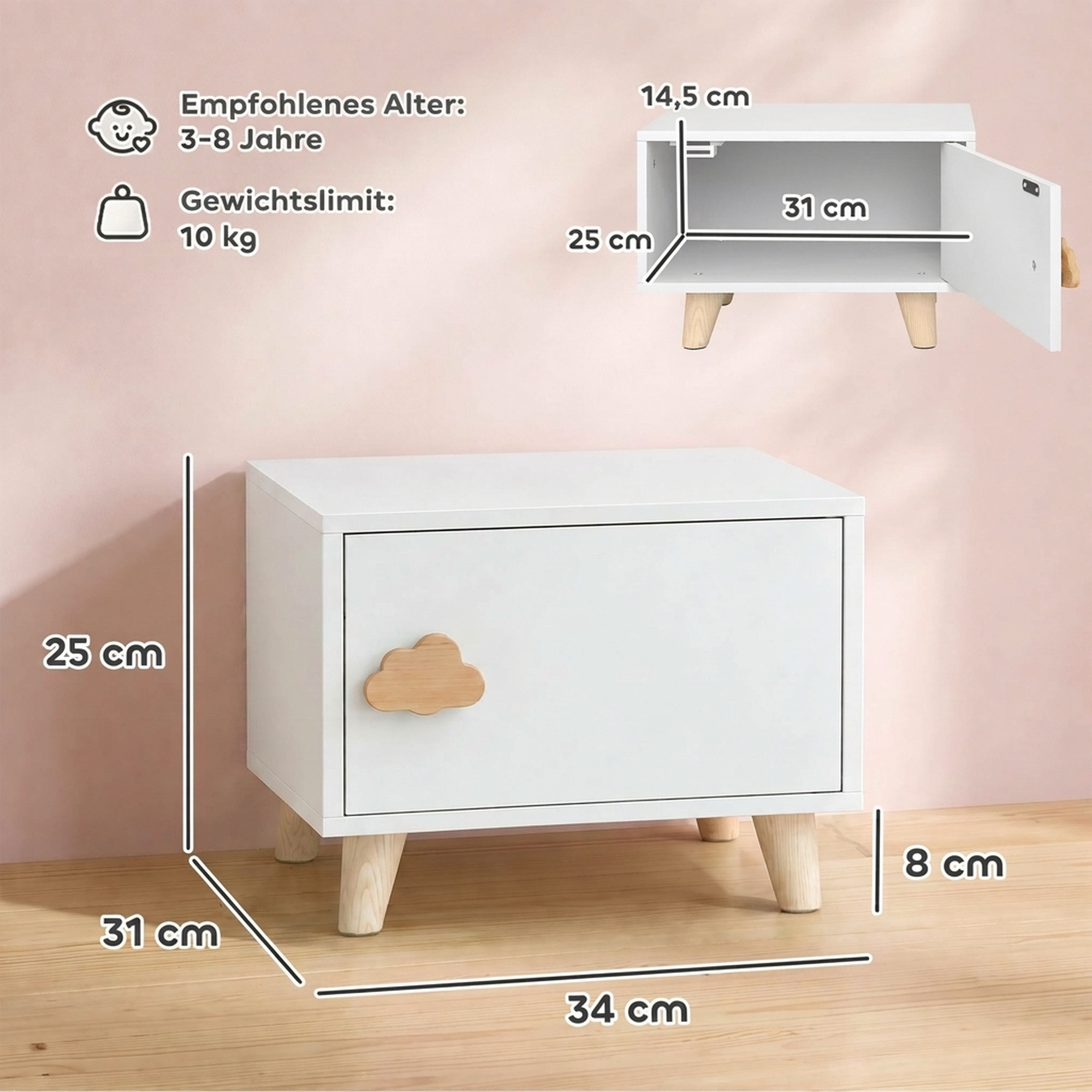 Kinder-Nachttisch aus Holz mit Staufach, Beistelltisch für Schlaf- und Wohnzimmer, Weiß