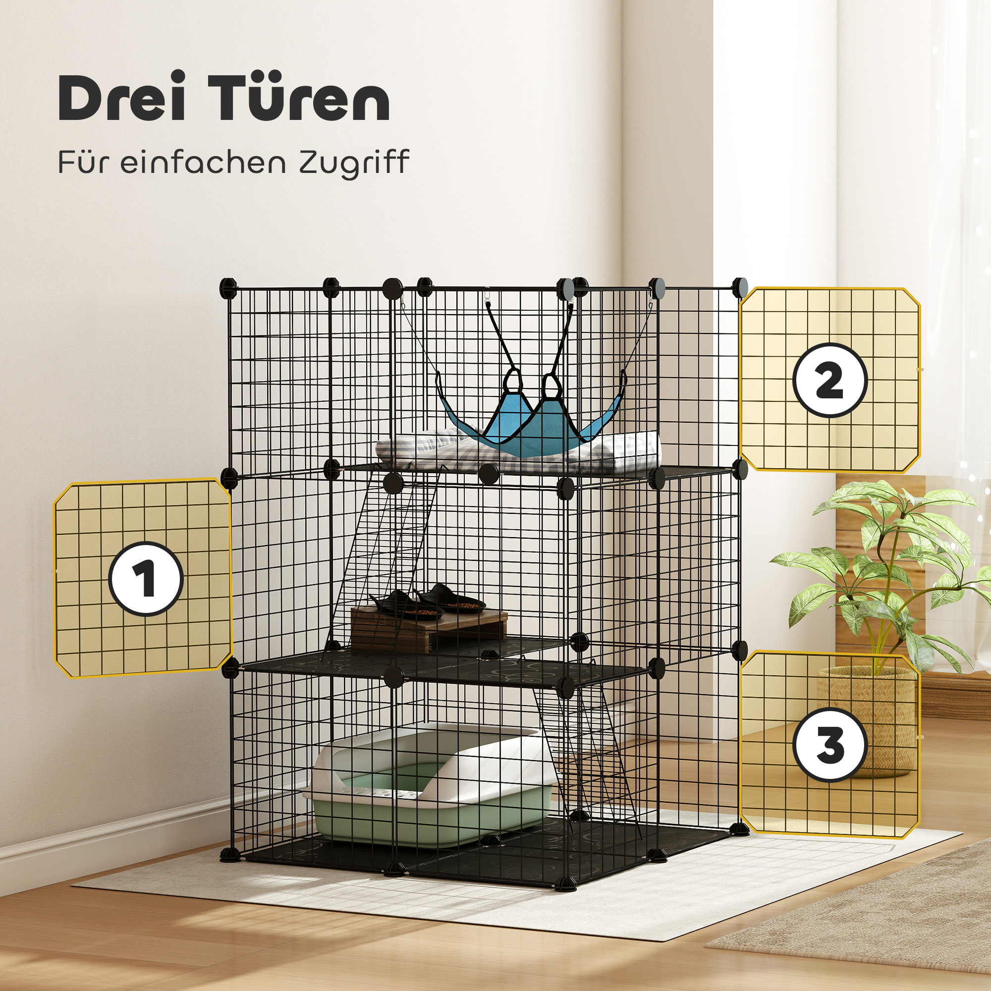 Indoor Katzenkäfig 105 cm, Stahl-Katzengehege mit 3 Türen, DIY-anpassbares Design für Kätzchen unter 4kg