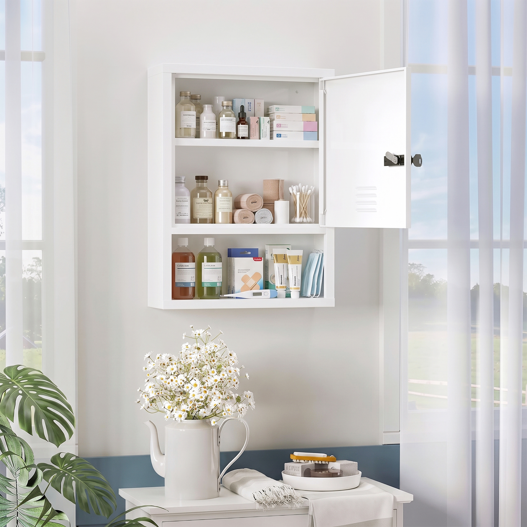 Medizinschrank zur Wandmontage mit Zahlenschloss und Schlüssel, 3-stufig, abschließbar, Weiß