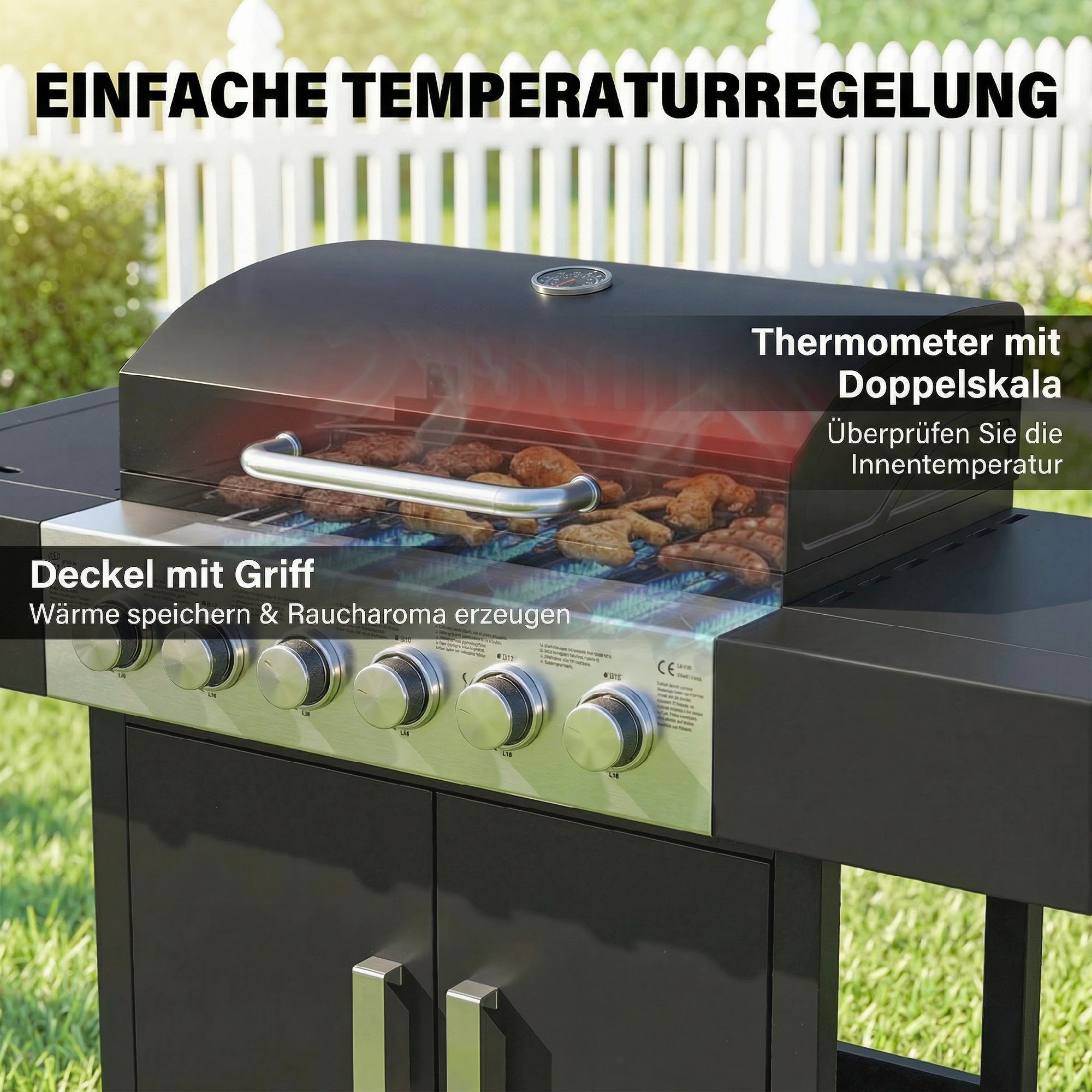 Gasgrill 17,8 KW 6+1 Brenner BBQ Grillwagen aus Edelstahl inkl Rolle Seitenbrenner Thermometer Emaille-Grillrost