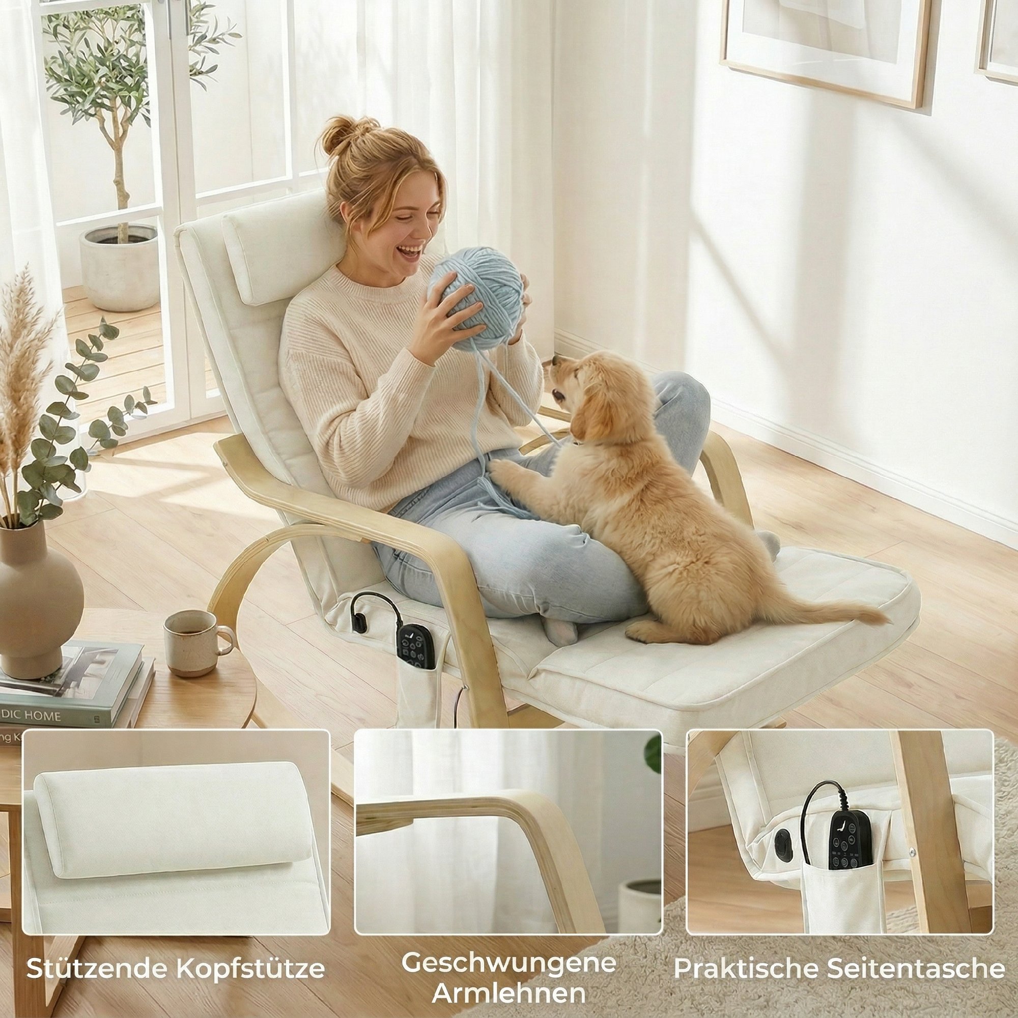 Schaukelstuhl mit Massage, Heizung, Kopfstütze & Fußstütze, Samtbezug, Relaxsessel, Cremeweiß