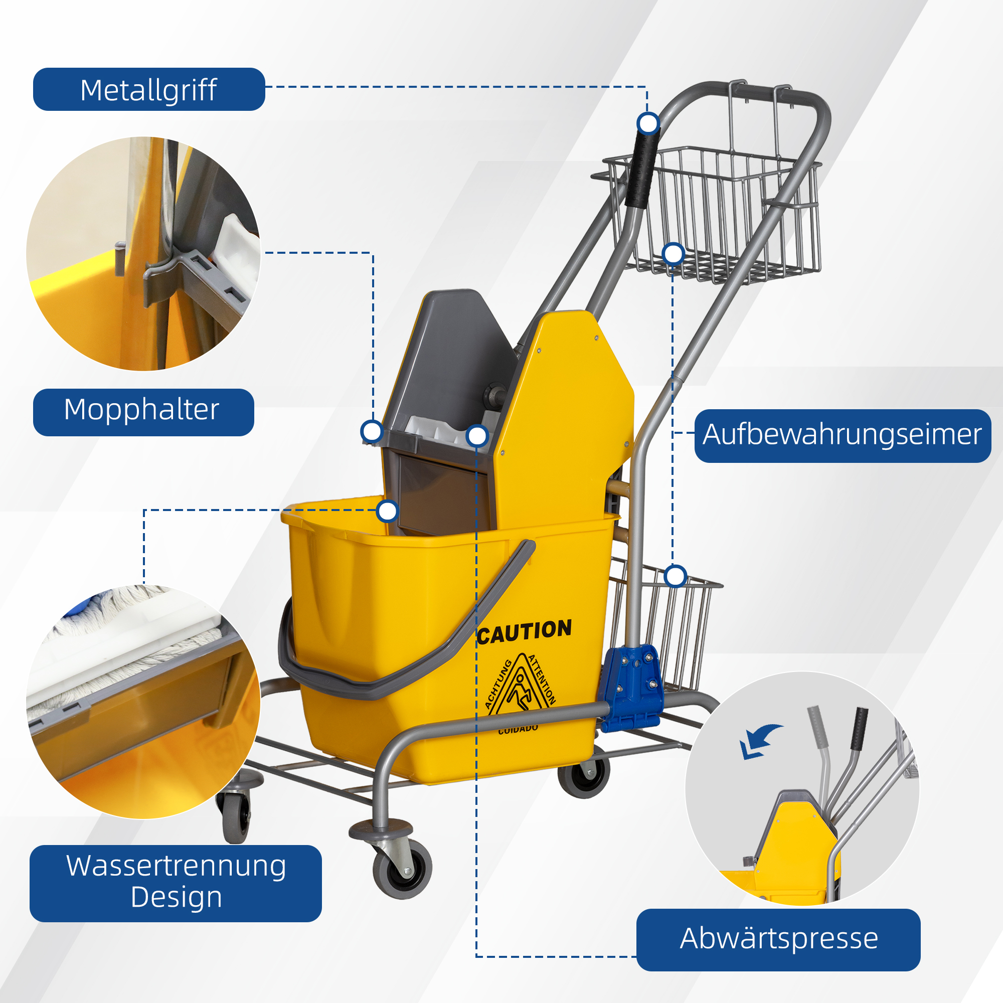 Reinigungseimer, Wischmoppeimer, rollbar, Kunststoff, Metallgriff, Gelb