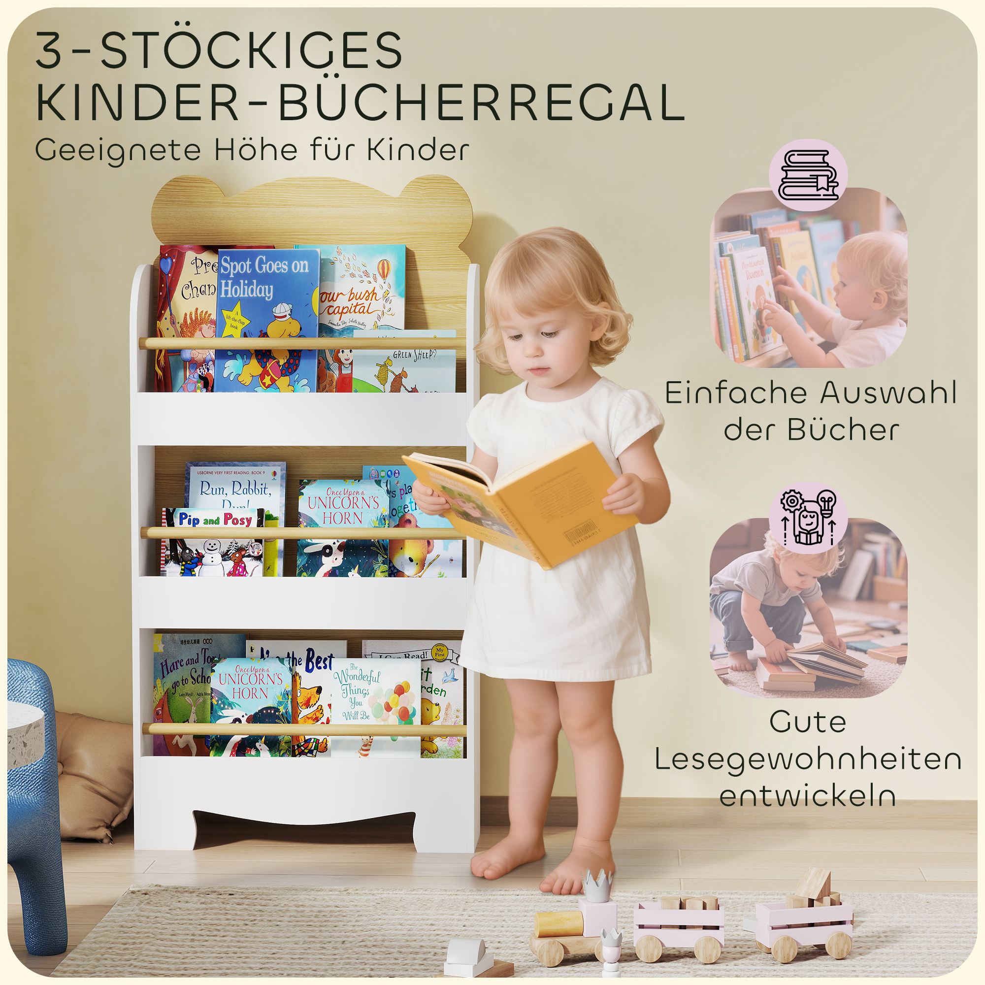 Bücherregal für Kinder Kinderregal mit 3 Ablagen Aufbewahrungsregal aus Holz 55x15x110cm Naturholz