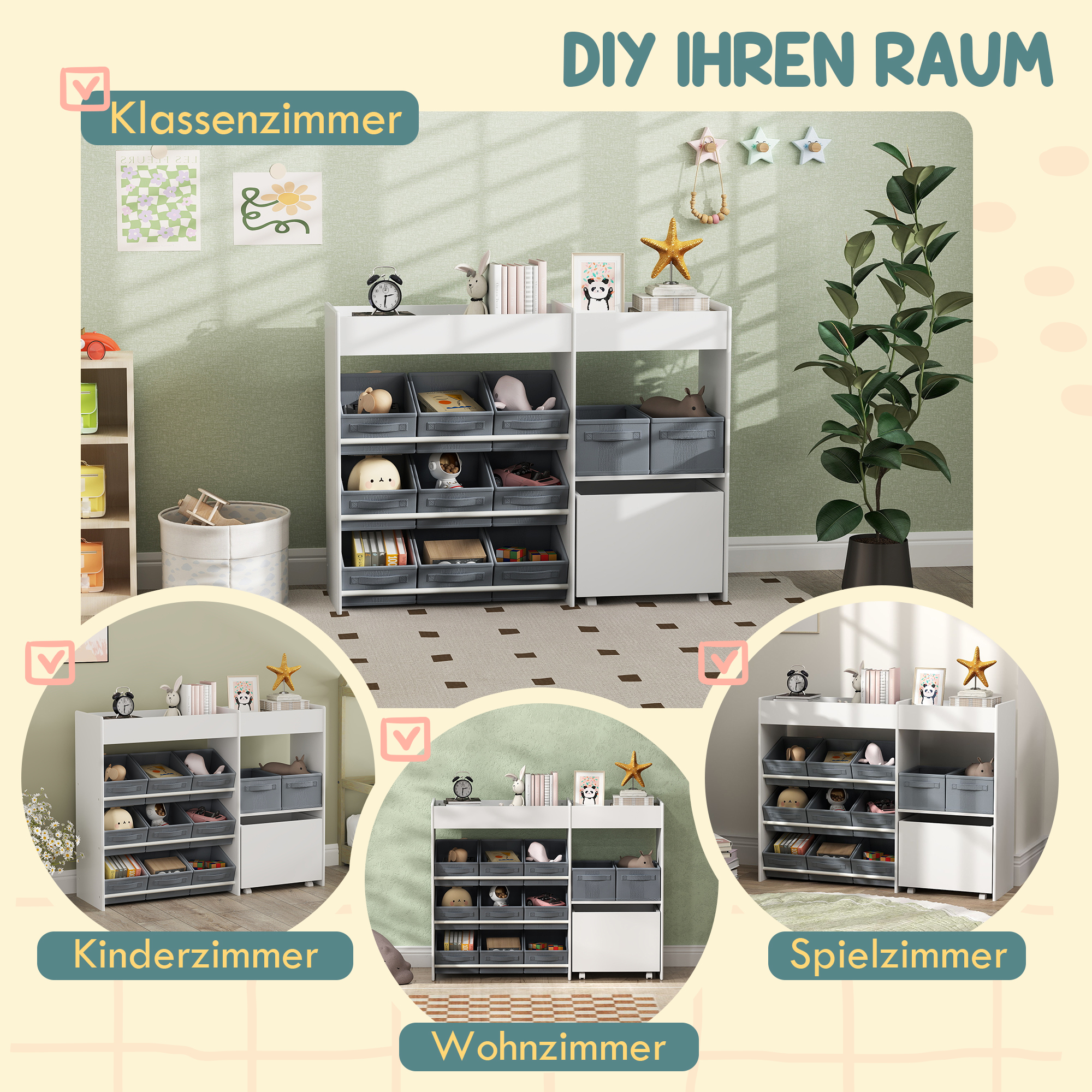 Kinder-Aufbewahrungsregal, Spielzeugschrank für Kinder mit 11 Stoffboxen, oberen Fächern, 3 Stickern, Weiß