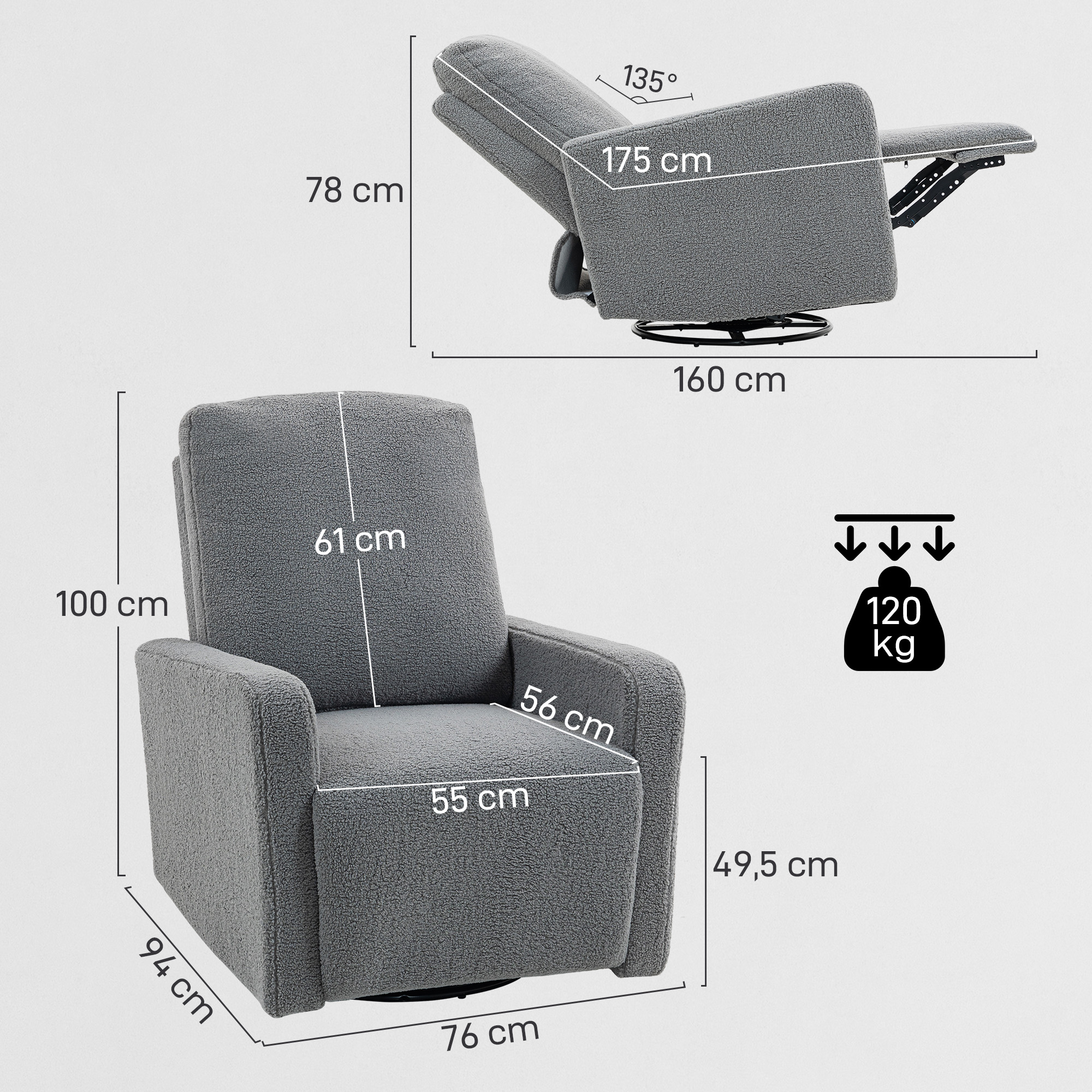 Recliner-Sessel, Entspannungssessel mit Fleece-Bezug, verstellbare Rückenlehne, Polstersessel, Stahl, Grau
