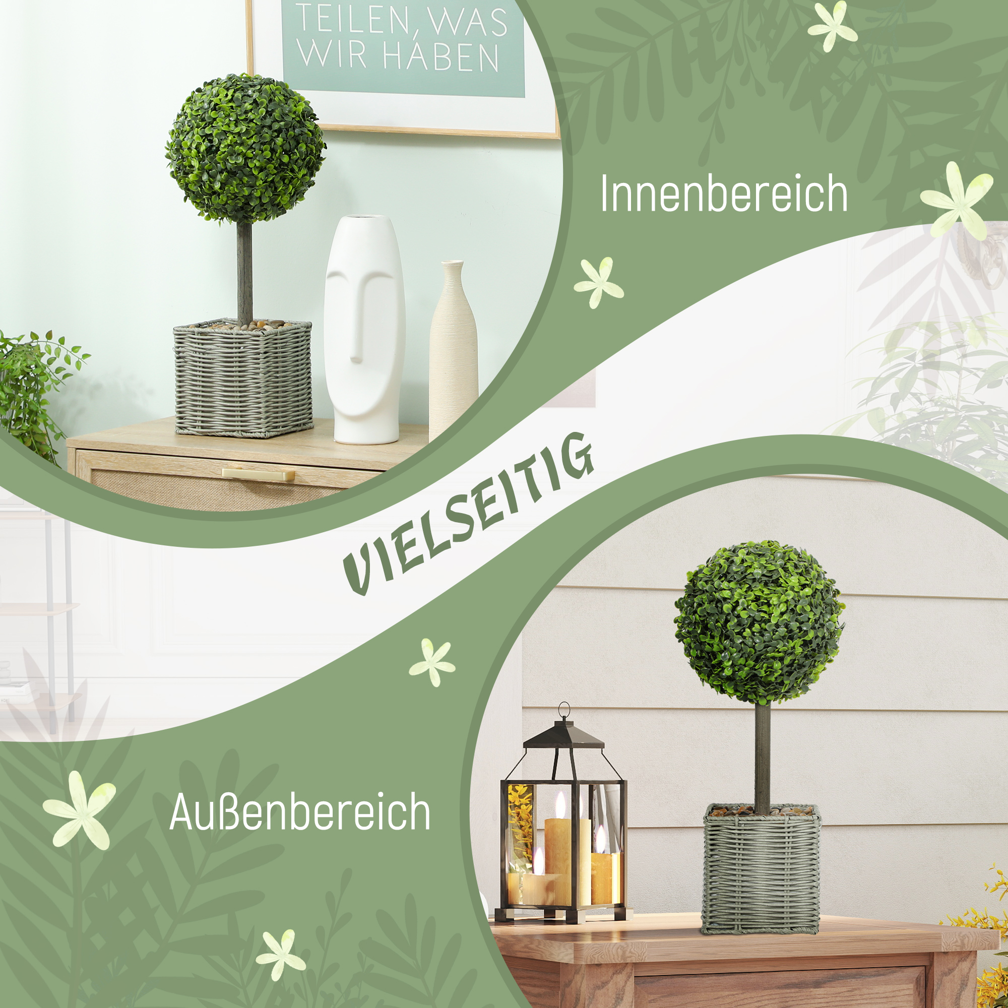 2er-Set künstliche Pflanzen, UV-beständige Kunstbäume im Topf, für drinnen und draußen geeignet, Kunststoff, Zement, Grün