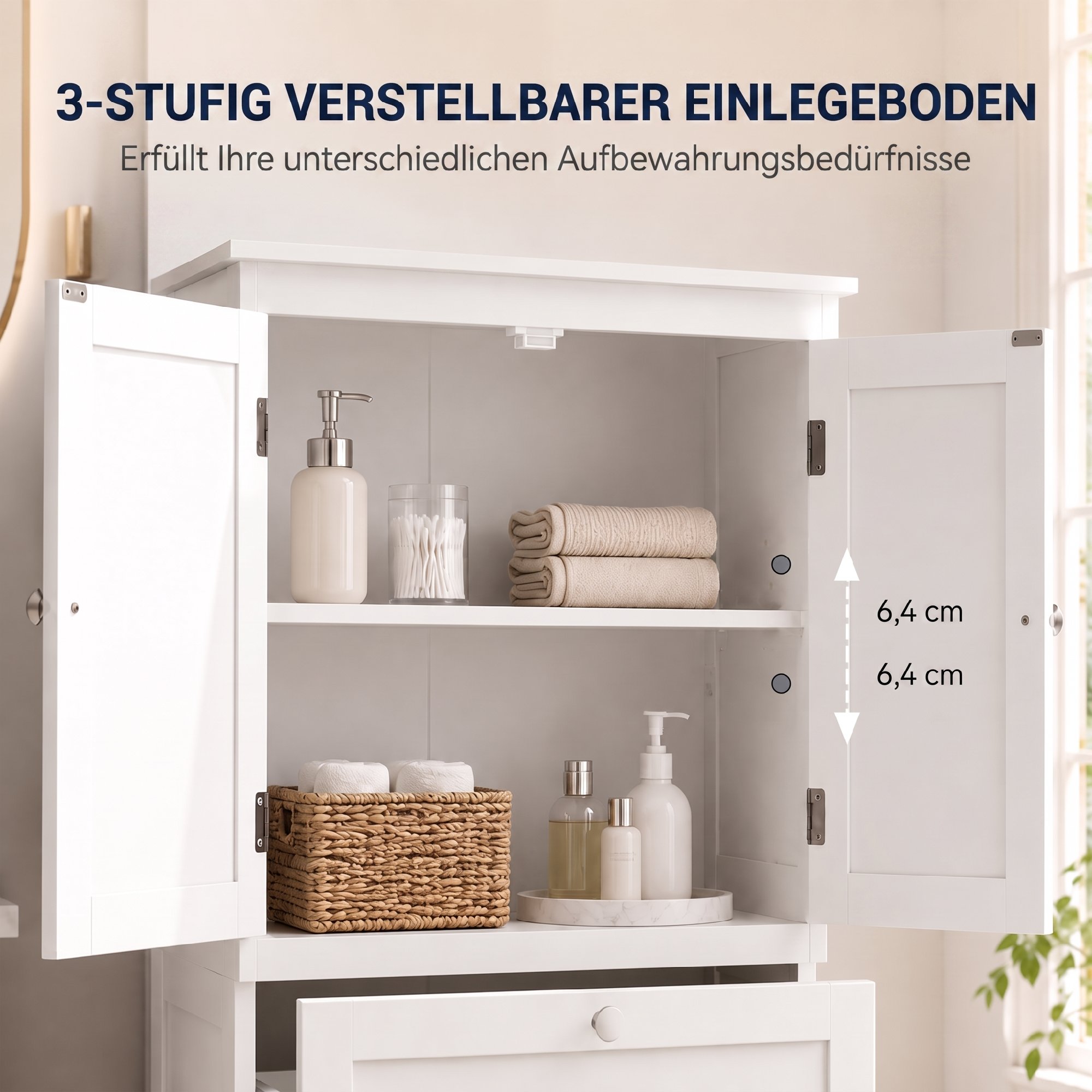 Badezimmerschrank mit 2 Schubladen, freistehend, mit verstellbarem Einlegeboden und Türen in Lamellenoptik, Weiß