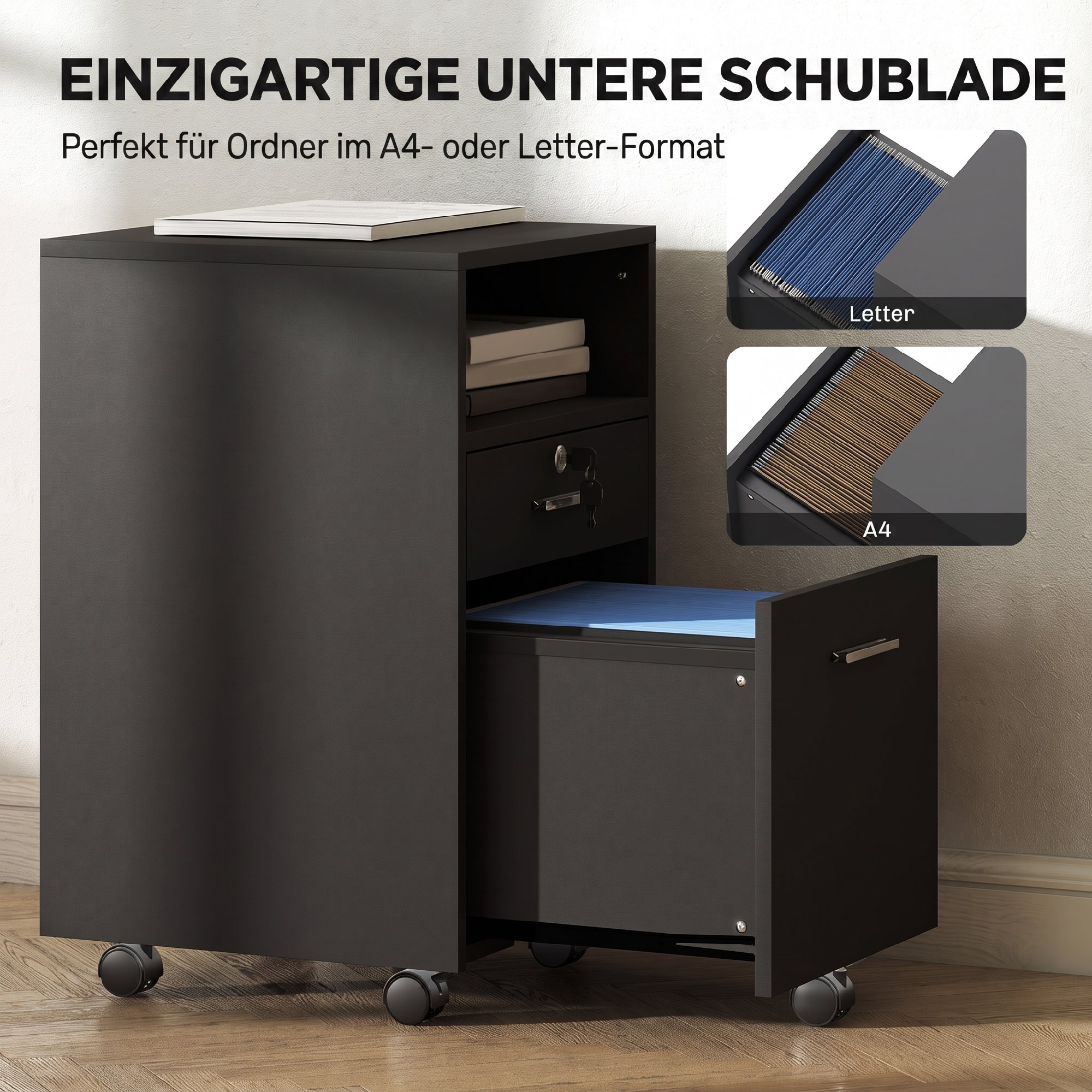 Büroschrank Rollcontainer, 2 Schubladen, eine Schublade abschließbar, 5 Rollen, Schwarz, 40 x 40 x 65 cm