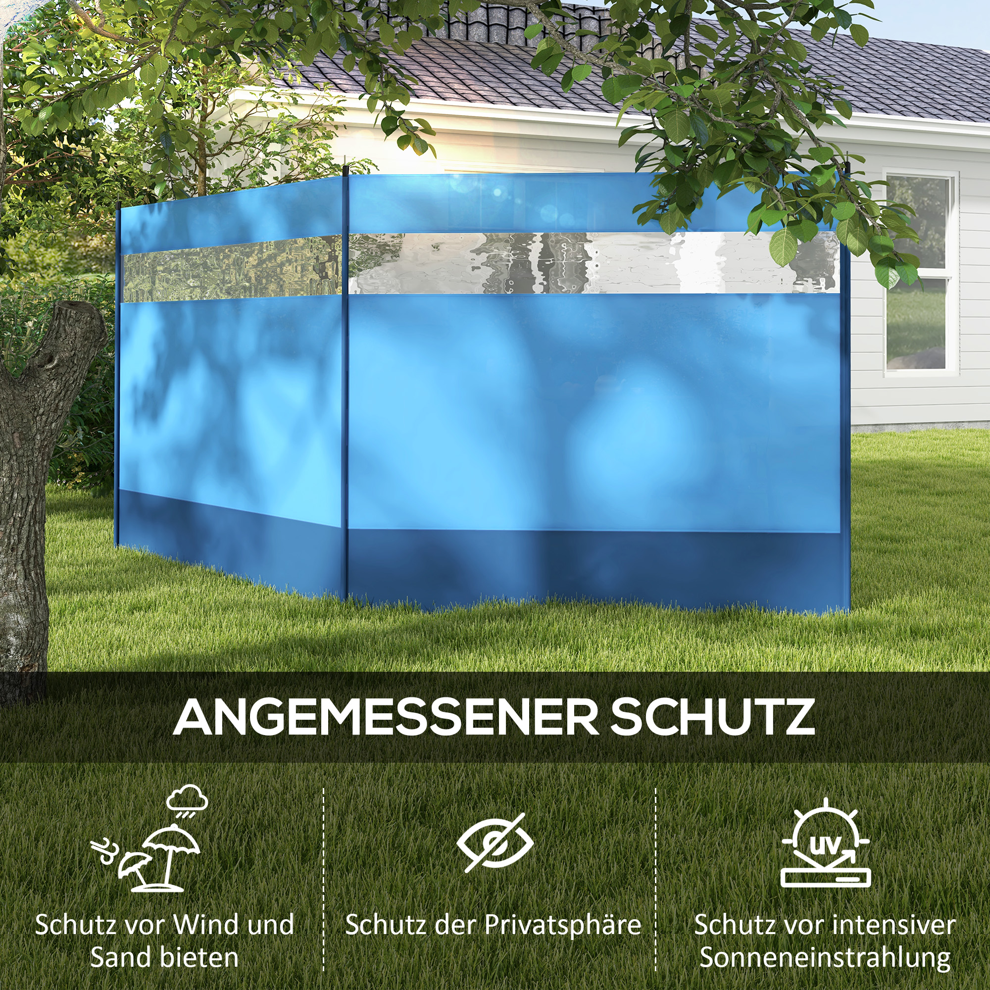 Windschutz mit Sichtfenster und Tragetasche, Stahlstangen, 440x140cm, Blau
