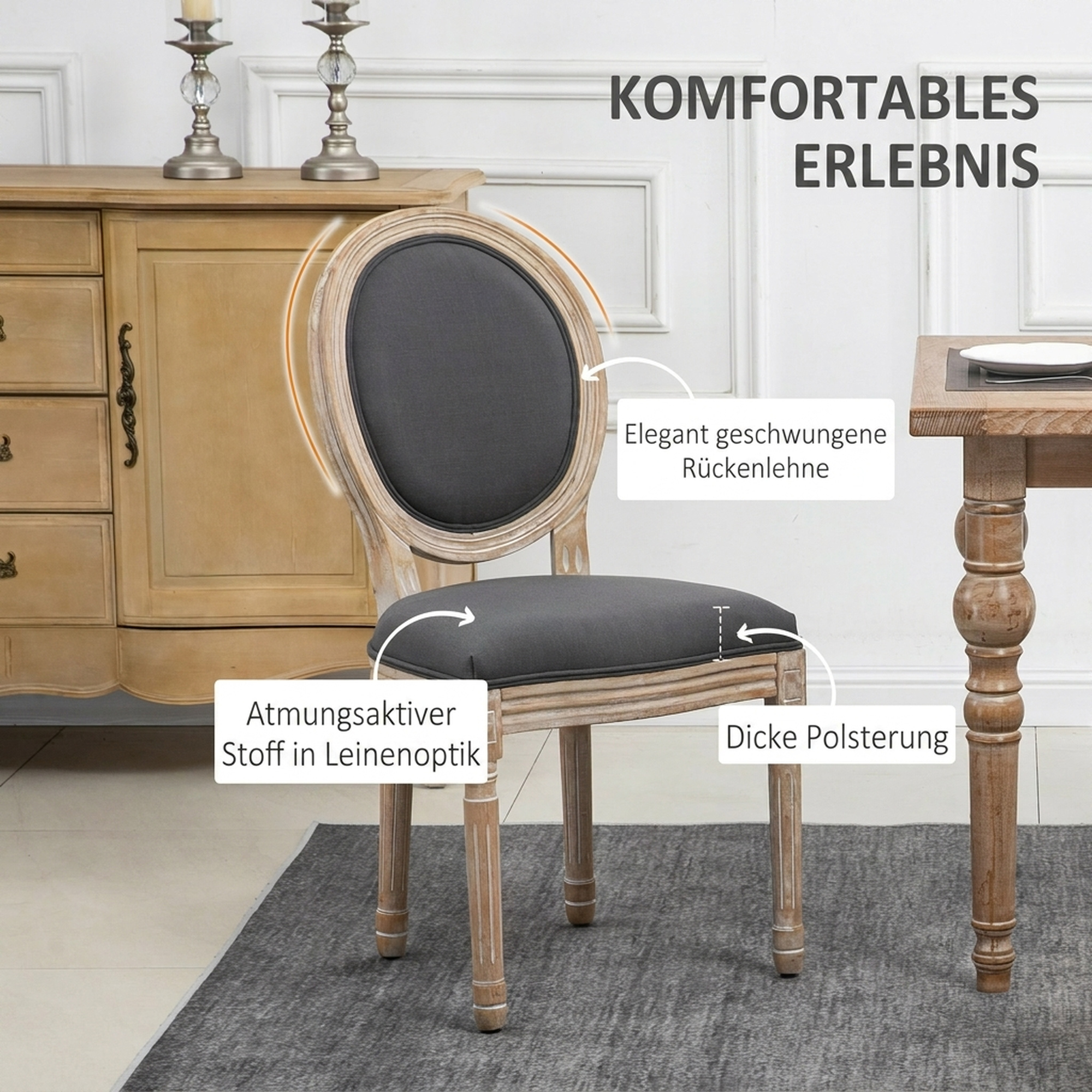 Esszimmerstühle 2er Set Küchenstuhl mit Rückenlehne, Leinenoptik für Esstisch, Grau+Natur