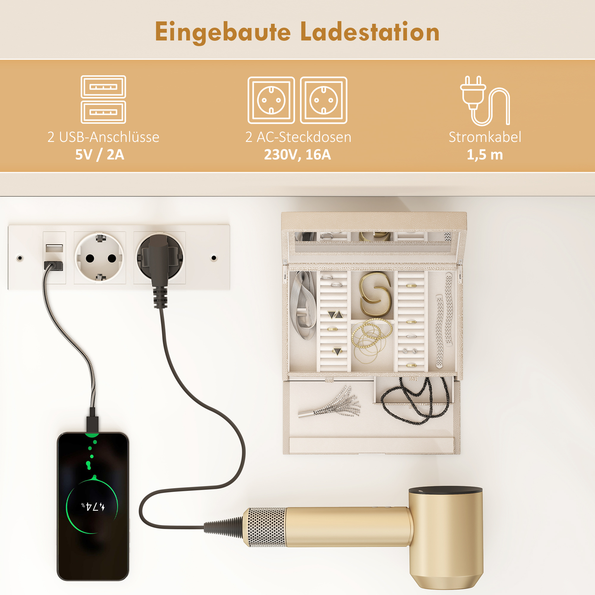 Schminktisch mit verstellbarem LED-Spiegel, Steckdosen, 6 Schubladen, 2 offene Regale, Weiß