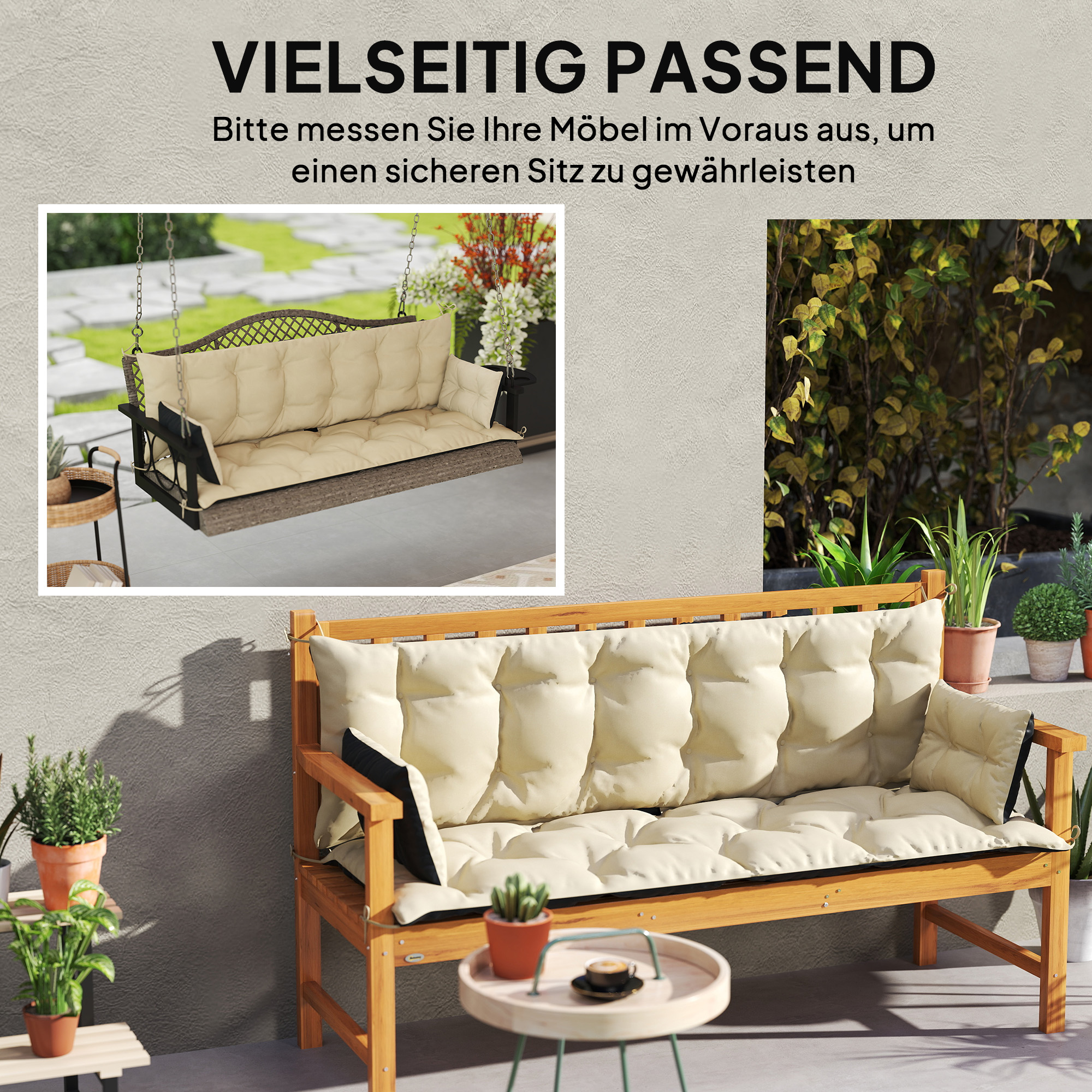 Outdoor-Kissen-Set für Bank oder Hollywoodschaukel, zweifarbig, Polyester, Schaumstoff, 180 x 110 x 8 cm, Beige+Schwarz
