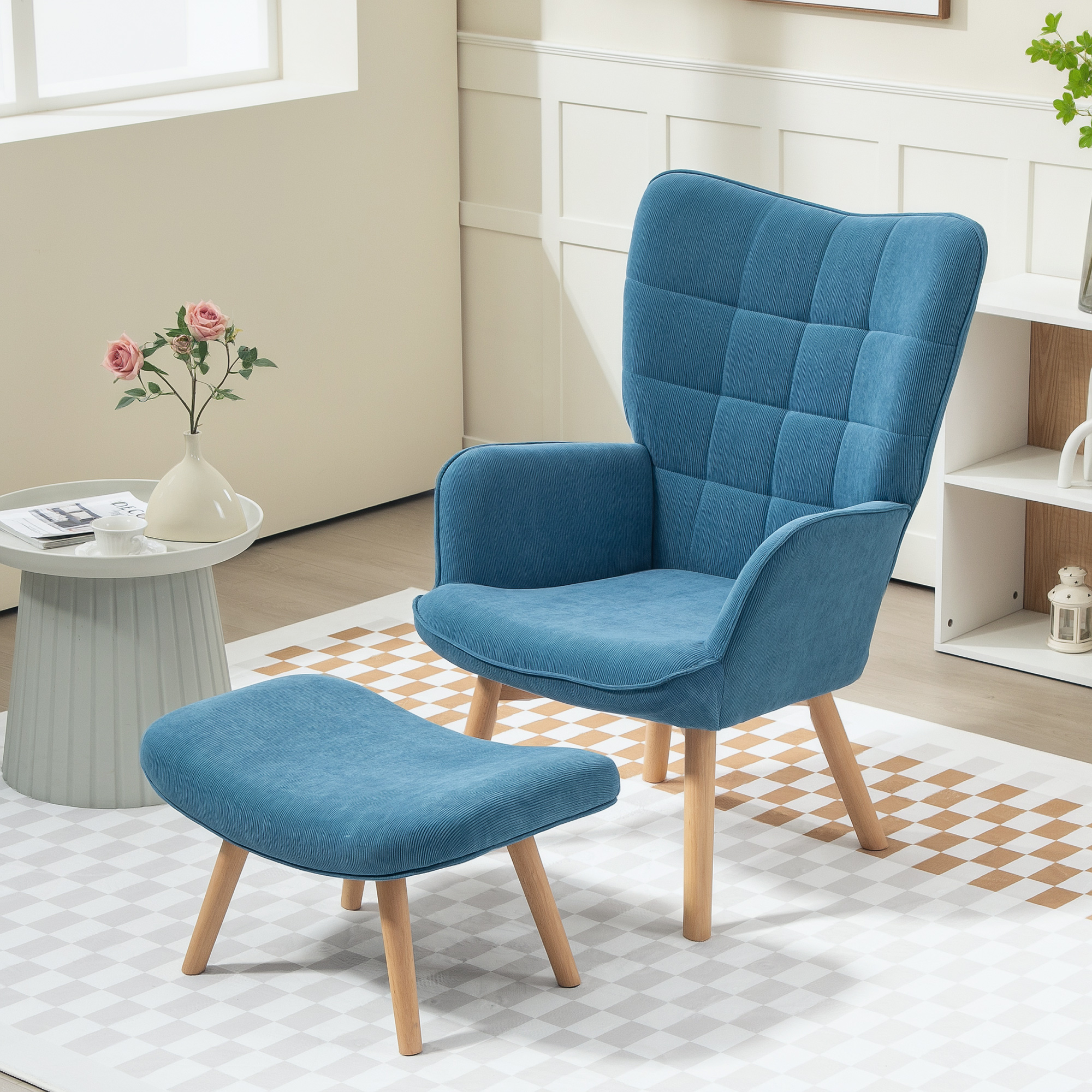 Akzentsessel mit Hocker, Relaxsessel in Cord-Optik, Armlehnstuhl mit Holzbeinen, für Wohnzimmer, Blau