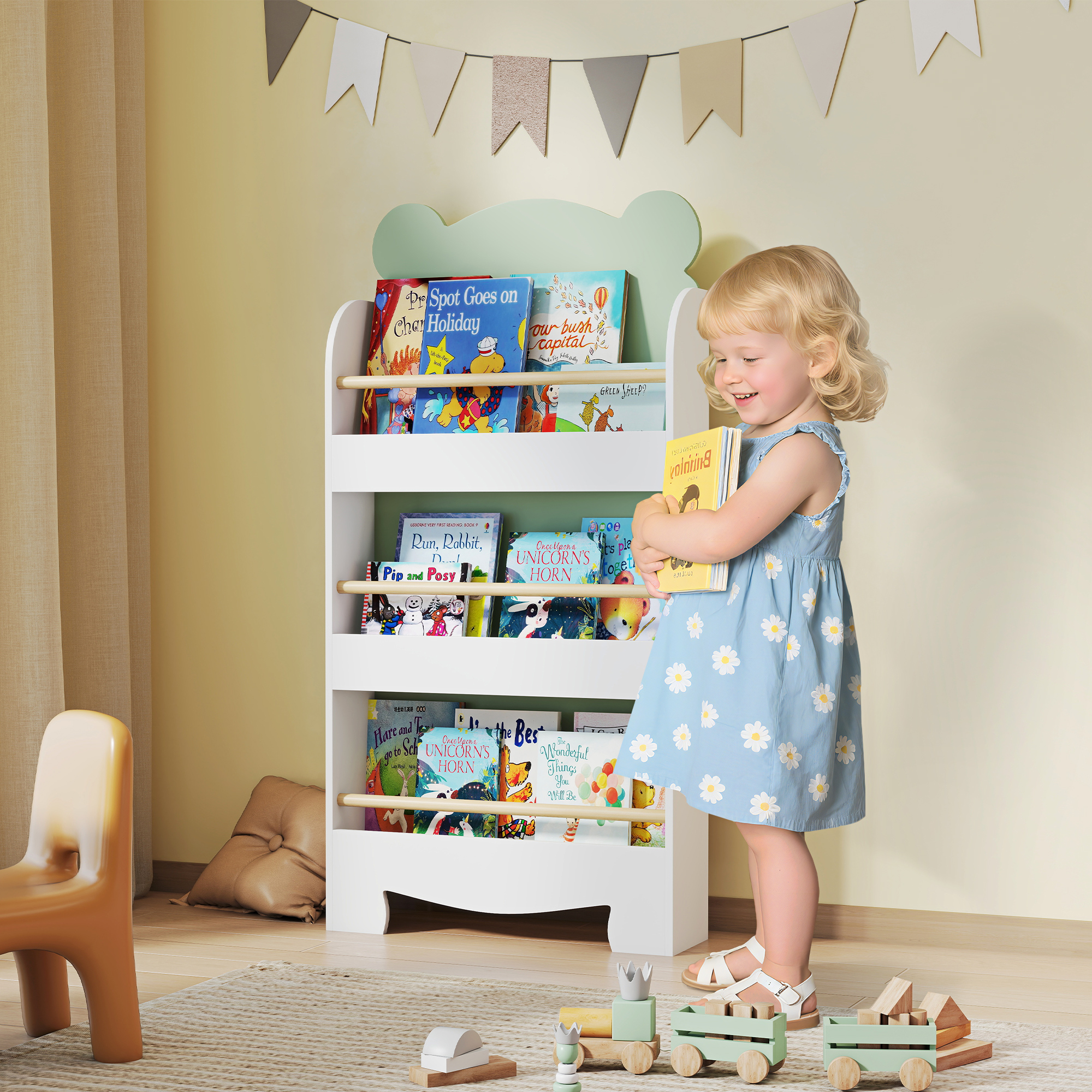 Bücherregal Kinder, 3-stufiges Kinderregal mit Bärenthema für Bücher Spielzeug Kinderzimmer, 55 x 15 x 110 cm, Grün