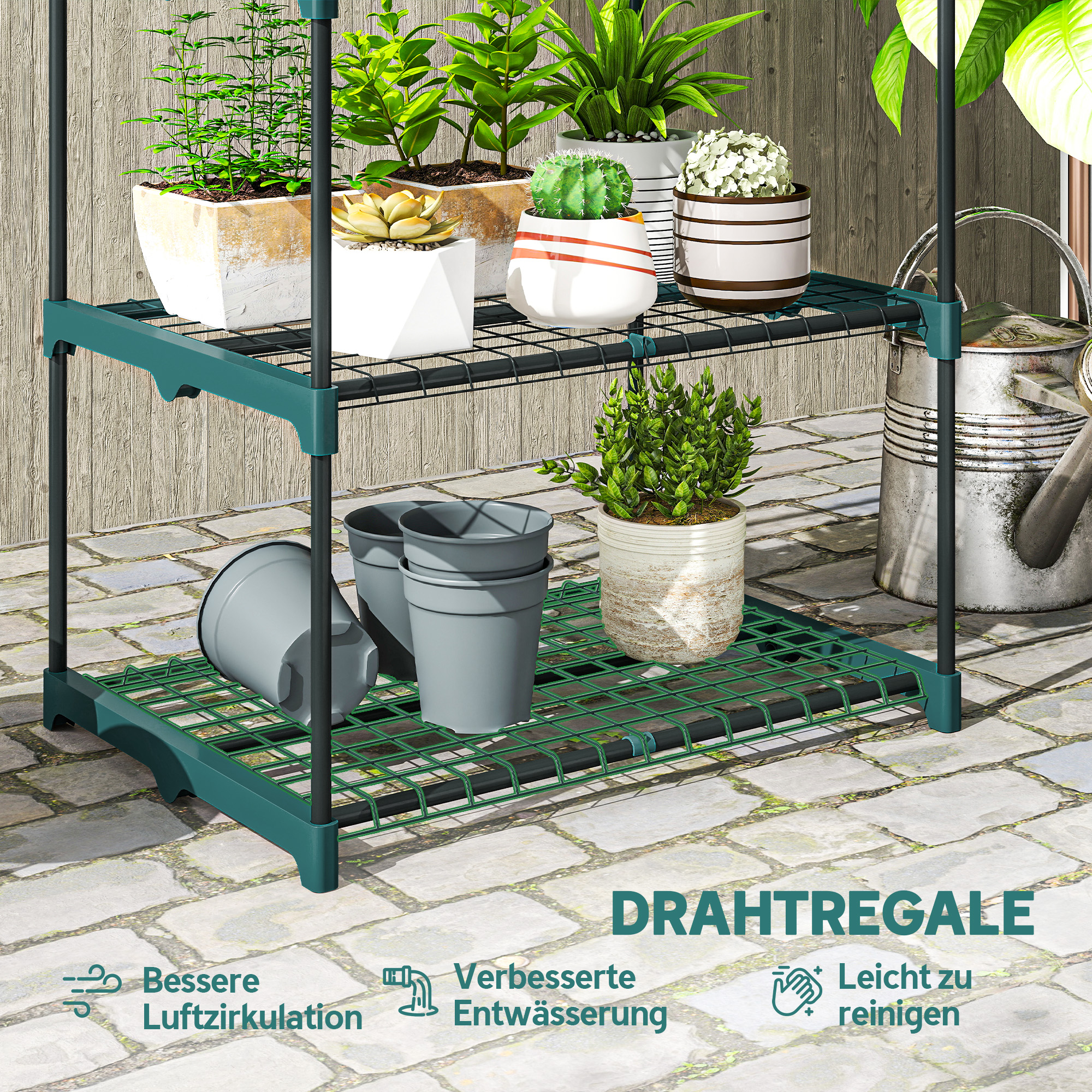 5-Etagen Pflanzenständer, 138 cm hoch Blumenständer für Innen Außen, Pflanzenregal aus Stahl Dunkelgrün