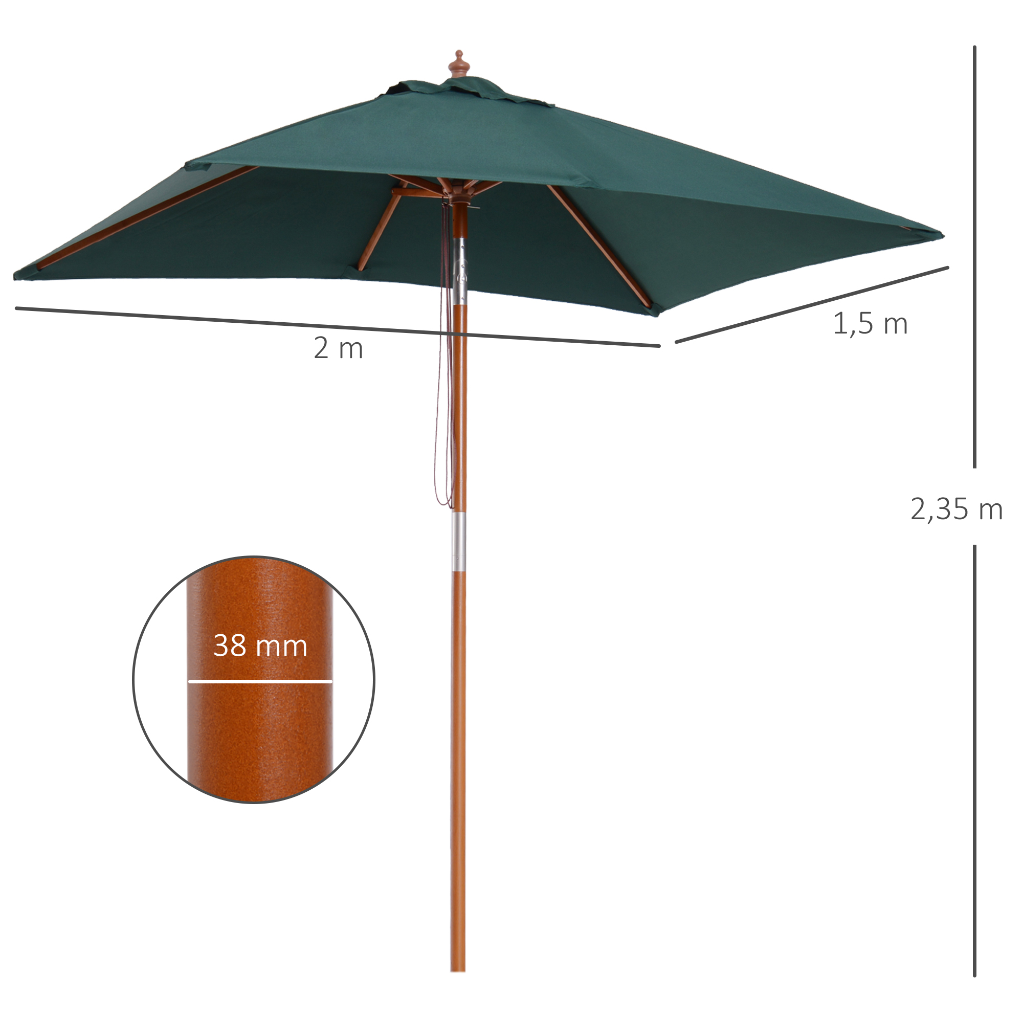 Sonnenschirm 200 x 150 x 235 cm Knickbarer Gartenschirm 3-stufig einstellbar rechteckig Strandschirm wasserabweisend und UV-beständig für Strand Balkon Terrasse Garten Grün