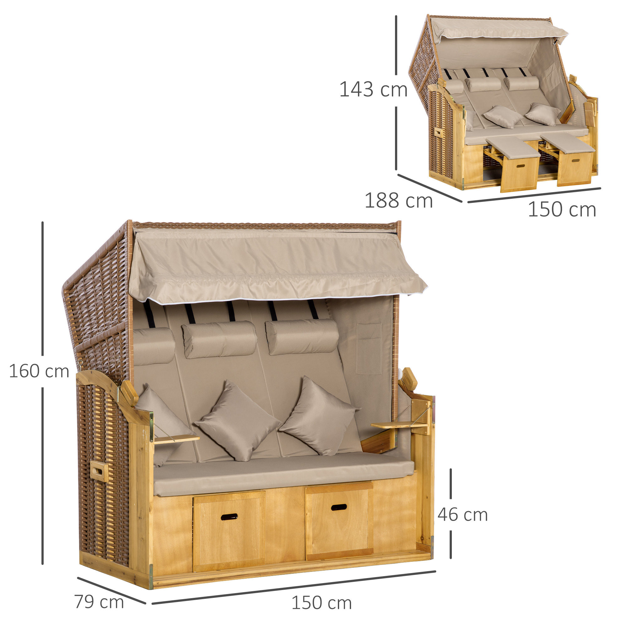 Strandkorb 3-Sitzer Sonnenliege mit Dach 2 Klapptischen Fußstütze Chaiselongue 5-stufige Rückenlehne XXL Polyrattan Natur 150 x 79 x 160 cm