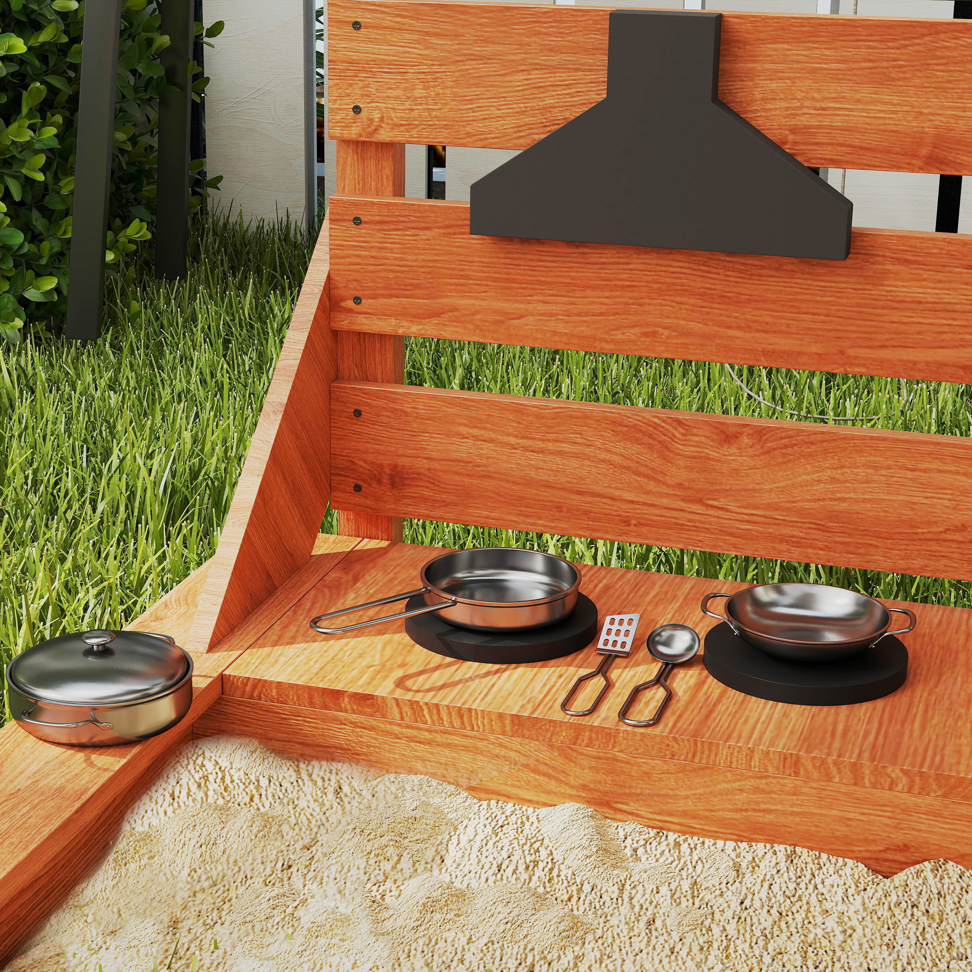 Sandkasten mit Sonnendach Piratenschiff, inkl. Kinderküchenspielset, Massivholz, 180 x 103 x 144,5 cm, Grün