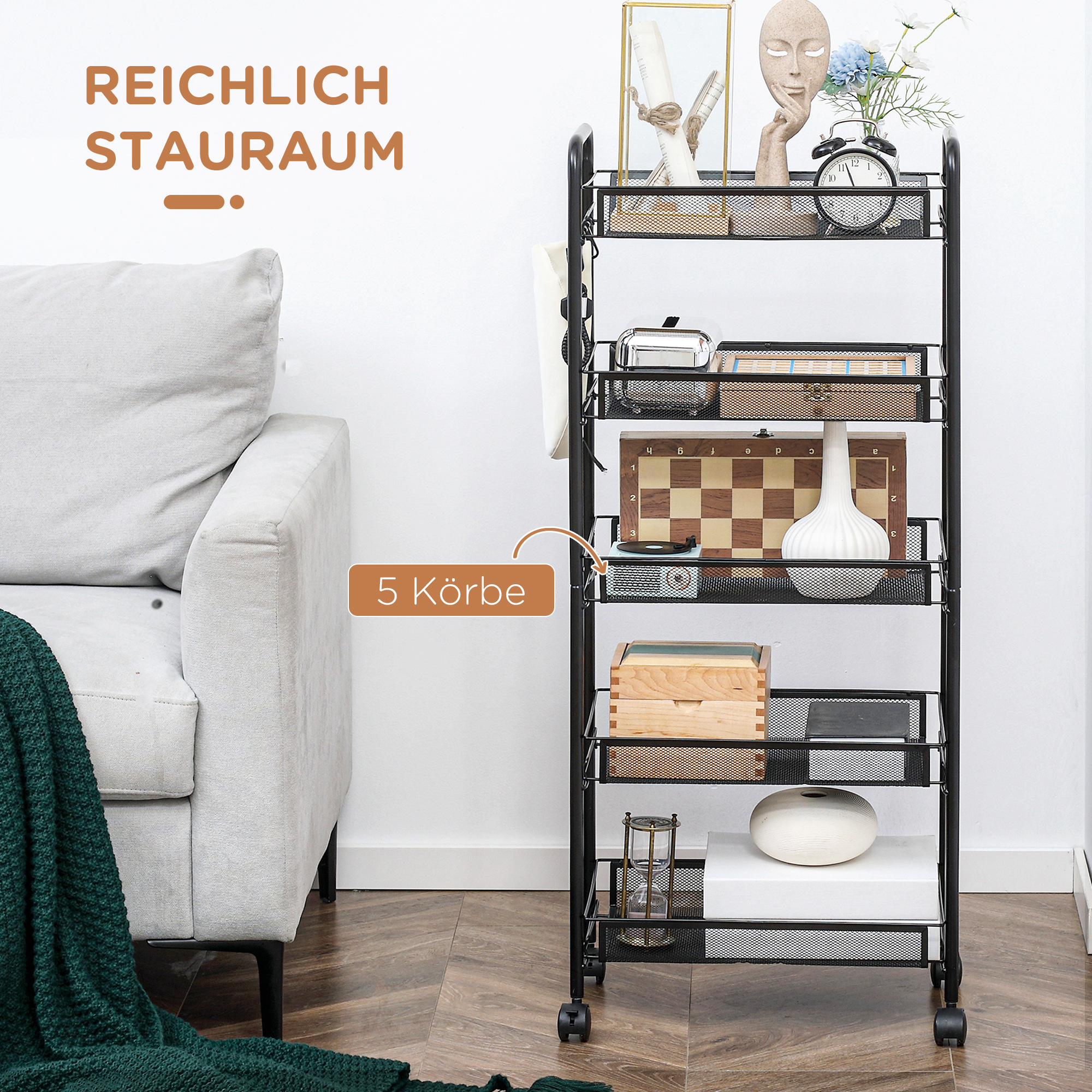 Küchenwagen mit 5 Drahtkörben, 4 Haken, 4 Rollen, 2 Griffe, Stahl/Kunststoff, 45x26,5x106 cm, Weiß