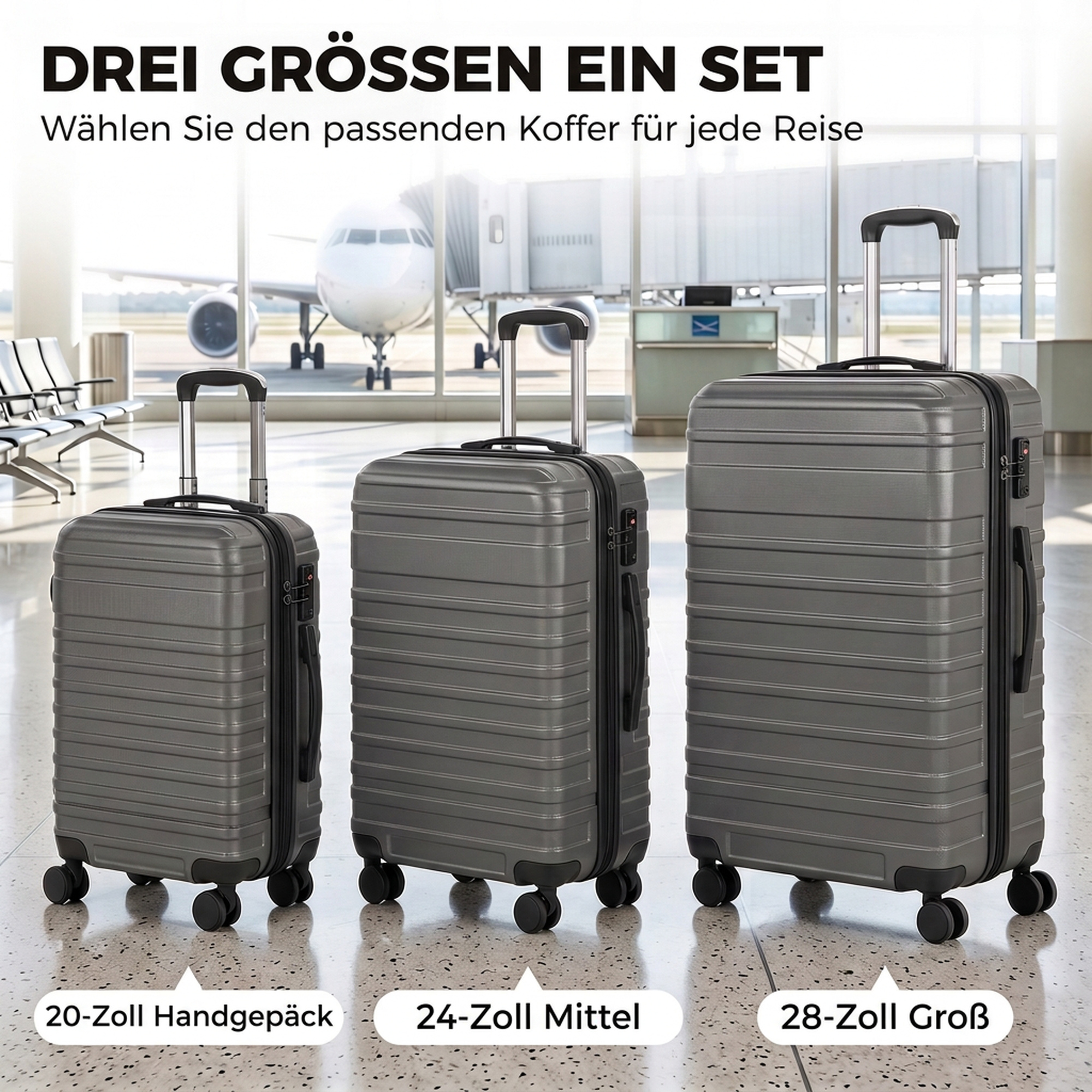 Kofferset, ineinander verstaubare Reisekoffer mit TSA-Schloss und 360° Rollen, 20/24/28 Zoll in Dunkelgrau