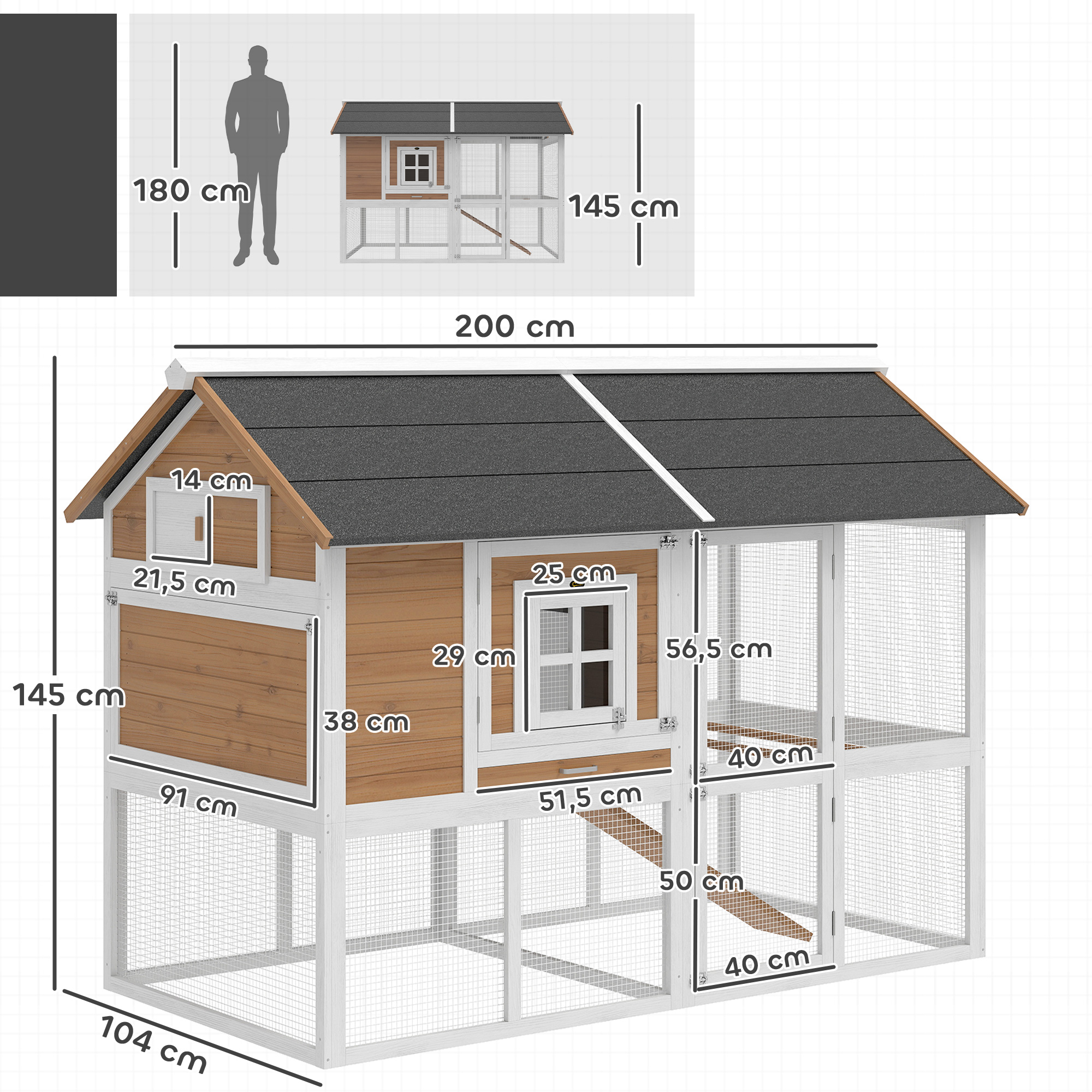 Hühnerstall Hühnerhaus mit Auslauf Nistkasten herausziehbarem Tablett Asphaltdach für 4 Hühner 200x104x145cm Holz Braun