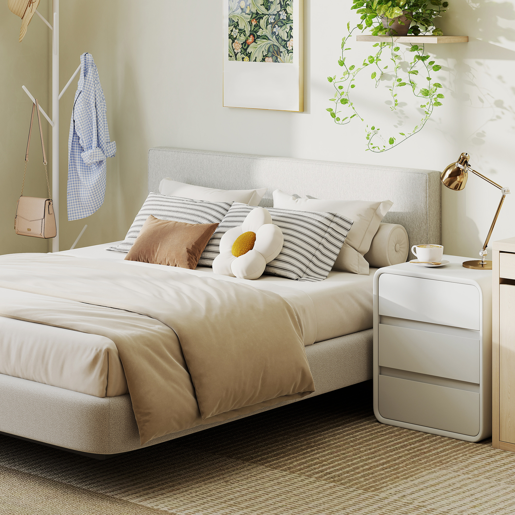 Wandmontiertes Kopfteil für Bett-Polsterung, 160 x 10 x 60 cm, Stoffbezug, Cremeweiß