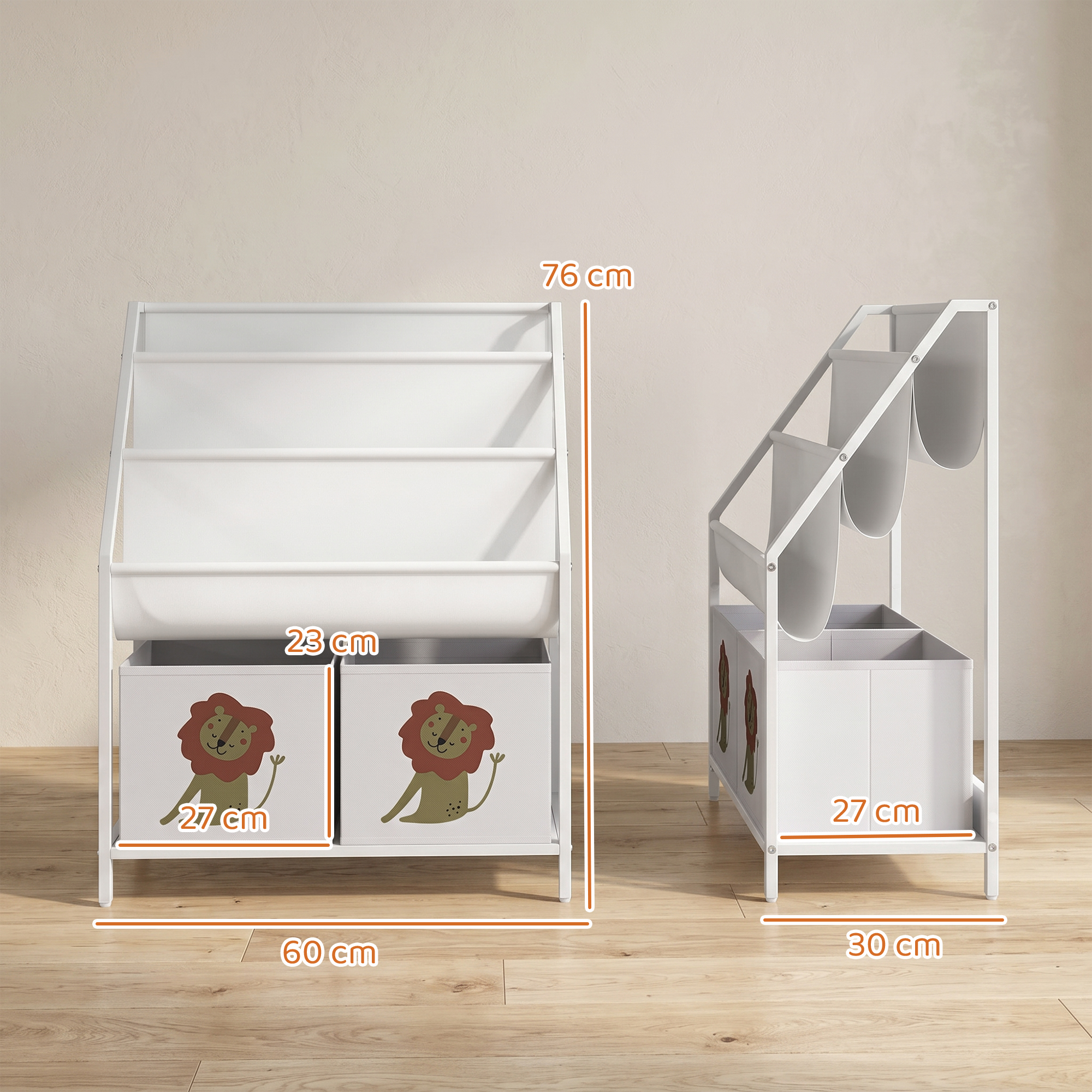 Bücherregal für Kinder Kinderregal mit 2 offenen Fächer 3 Hängeregale 60 x 30 x 76 cm Weiß