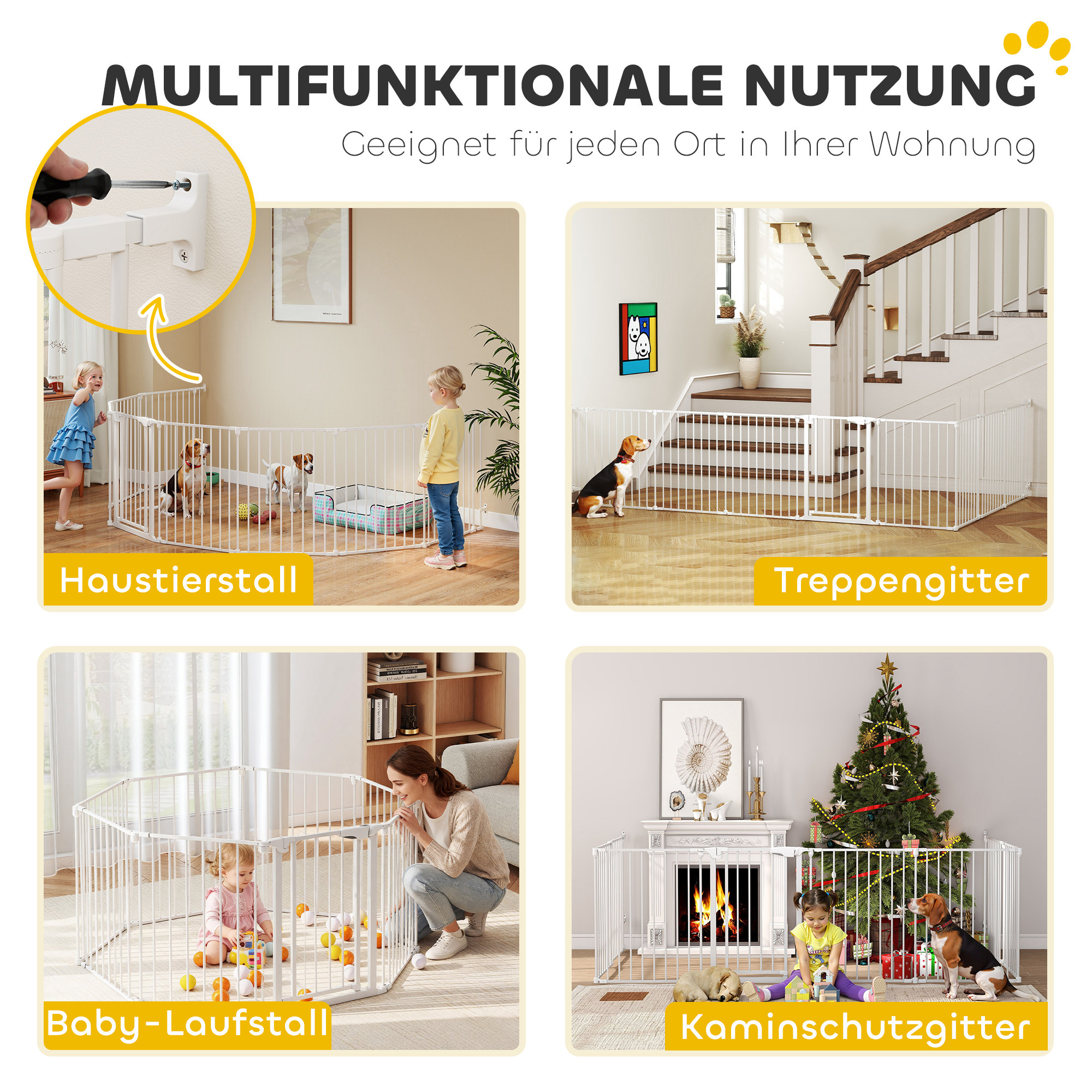 Haustierzaun, 8-Panel-Barriere mit Tür, faltbar, für kleine & mittelgroße Hunde, Kunststoff, Kohlenstoffstahl, Weiß