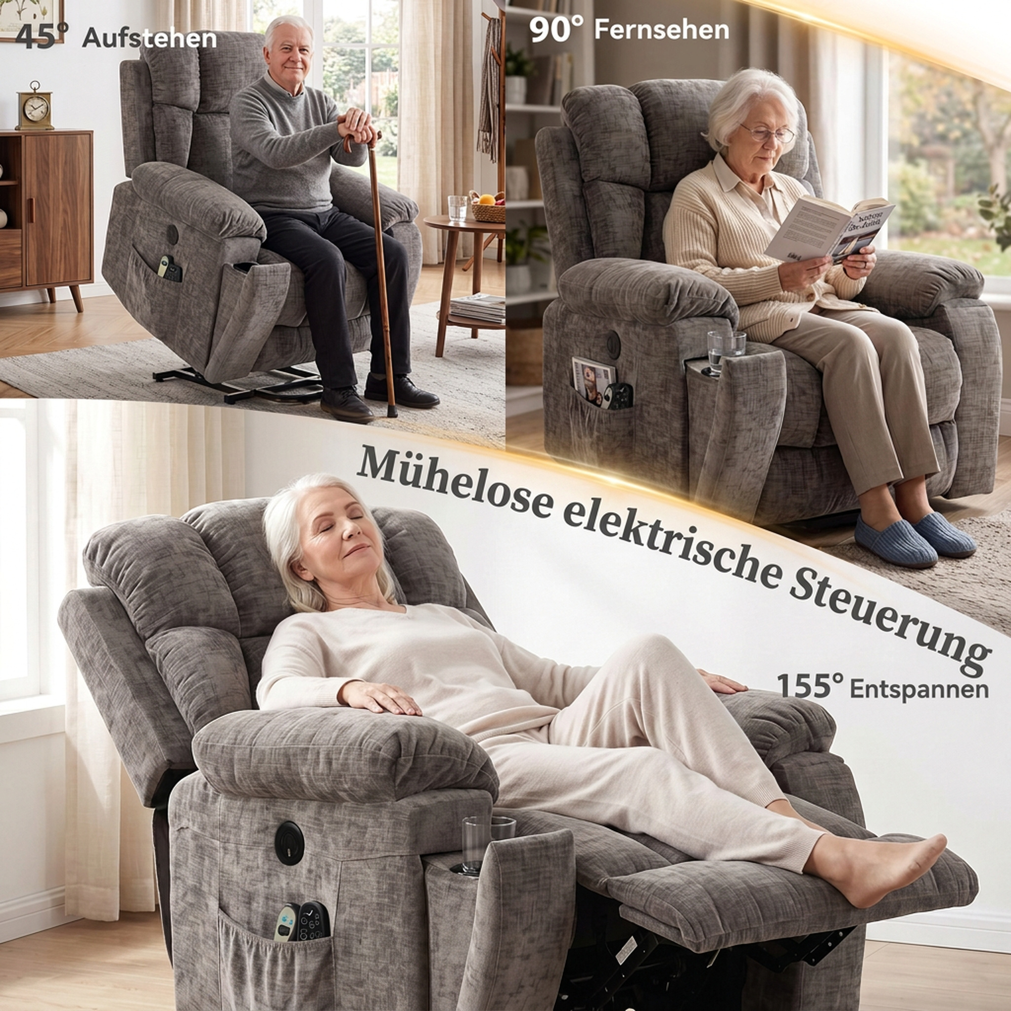 Relaxsessel Fernsehsessel mit Aufstehhilfe, Massage & Wärme, Seniorensessel mit breiter, tiefer Sitzfläche, USB-Anschluss