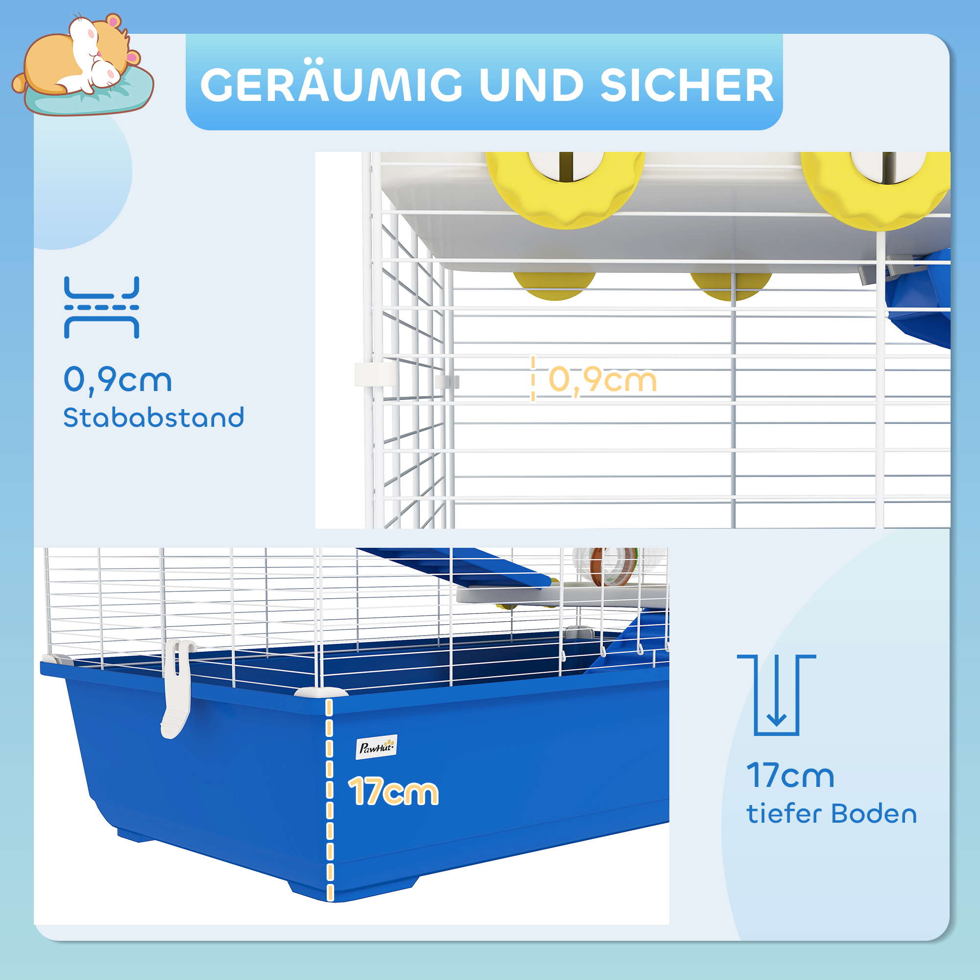 Hamsterkäfig mit 4 Ebenen, Kleintierkäfig mit Tunnelsystem, Hütte, Laufrad, für Zwerghamster, 78 x 45 x 73 cm, Blau
