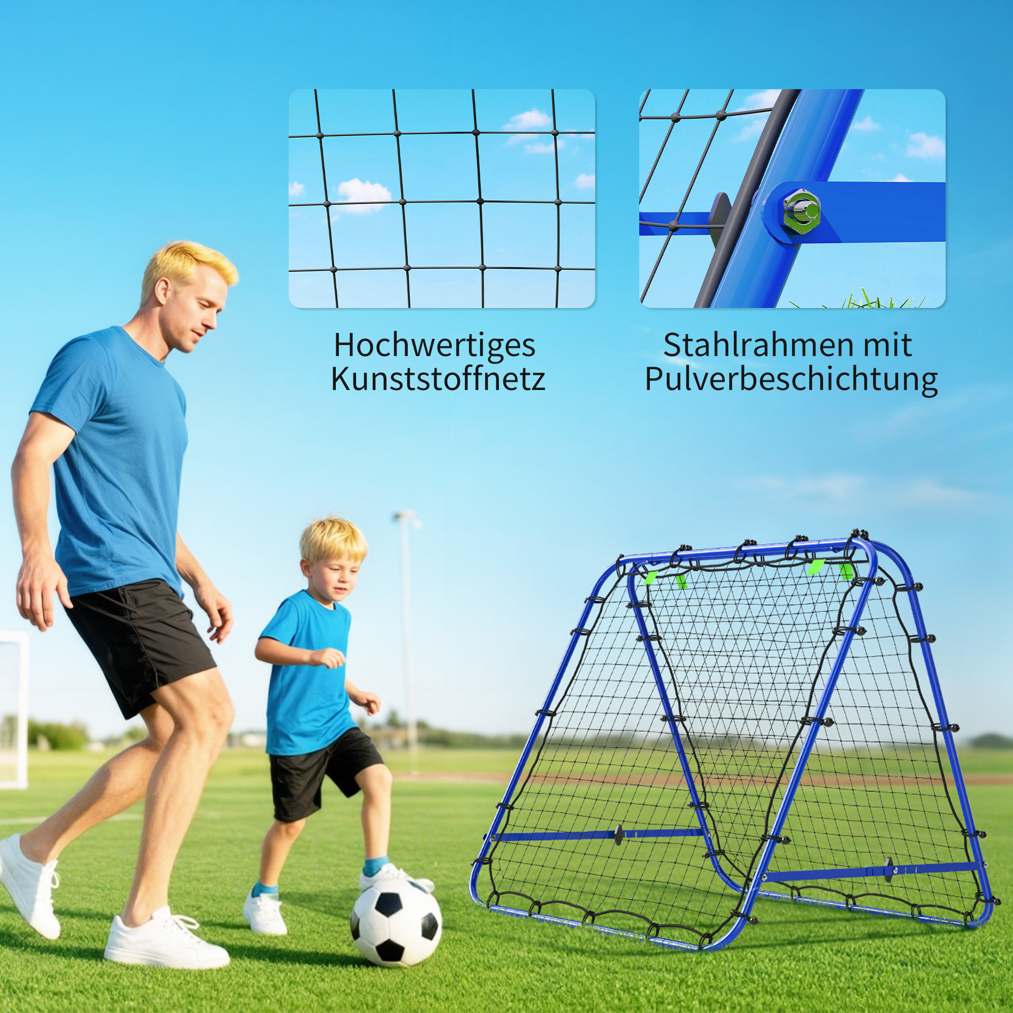 Doppelseitige Rebounder für Fußball, verstellbar Prellwand mit 5 Winkelpositionen Rückprallwand Netz, 100 x 68-95cm Kickback Tor für Jugendliche, Rückprallwand für Handball Training, Blau