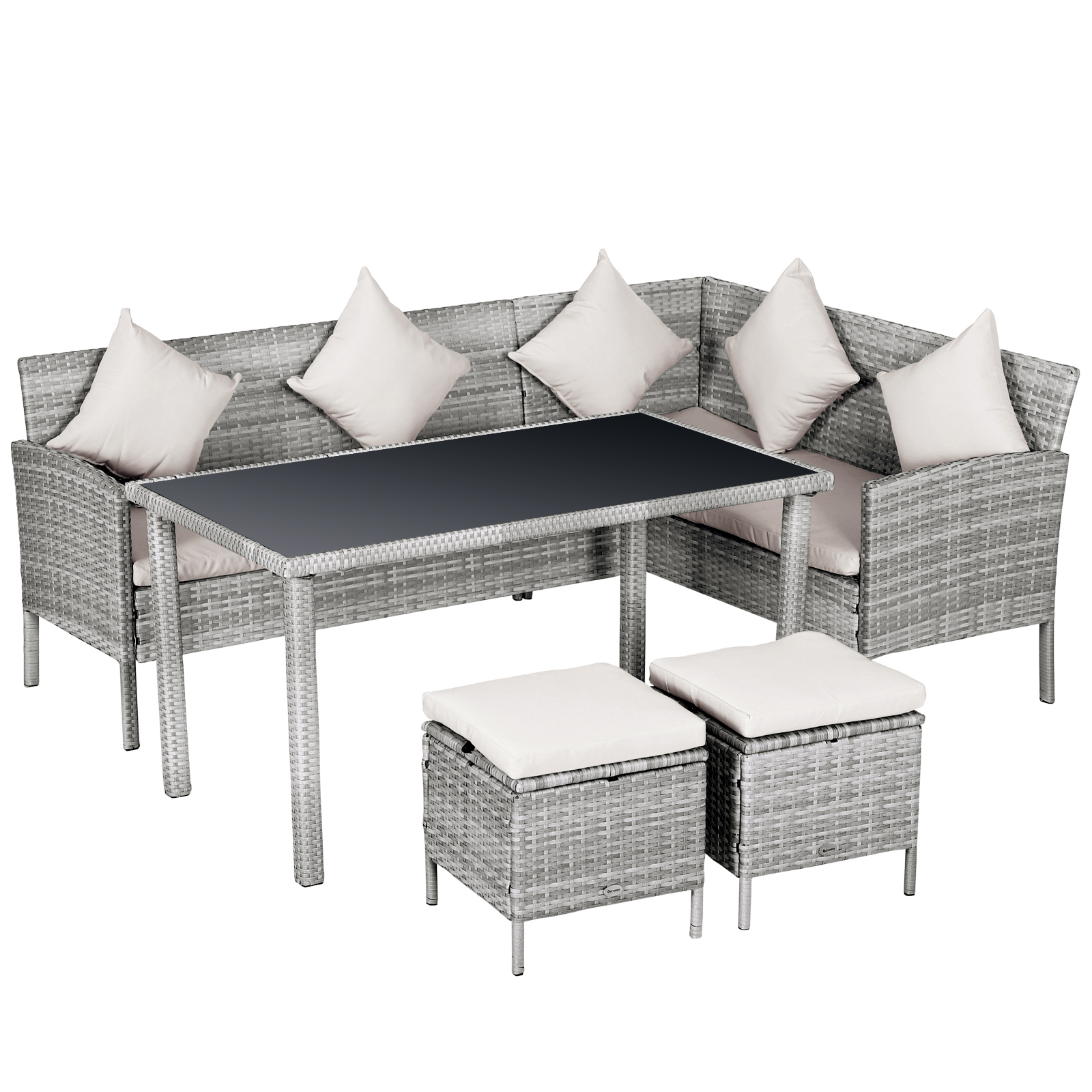 5-tlg, Gartenmöbel Set, Rattan Sitzgruppe mit Fußhocker, Metall, Grau, 142 x 60 x 75 cm 5-tlg, Gartenmöbel Set, Rattan Sitzgruppe mit Fußhocker, Metall, Grau, 142 x 60 x 75 cm