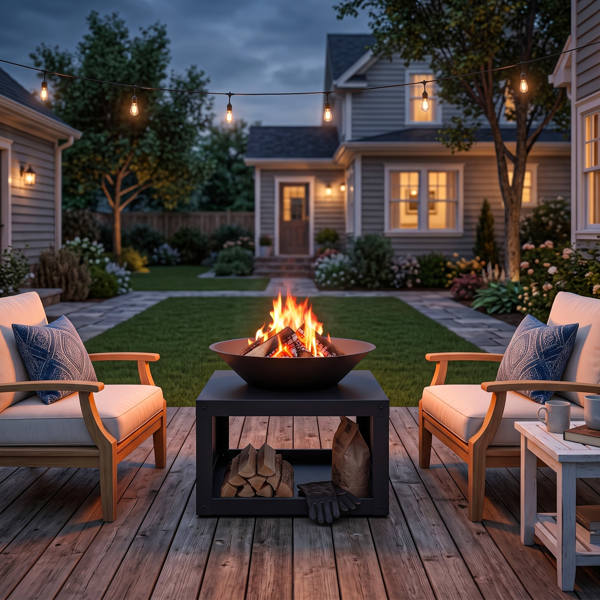 Feuerschale Ø59 cm Feuerstelle mit Holzablage, Schürhaken, Holz & Kohle nutzbar, Rund Schwarz