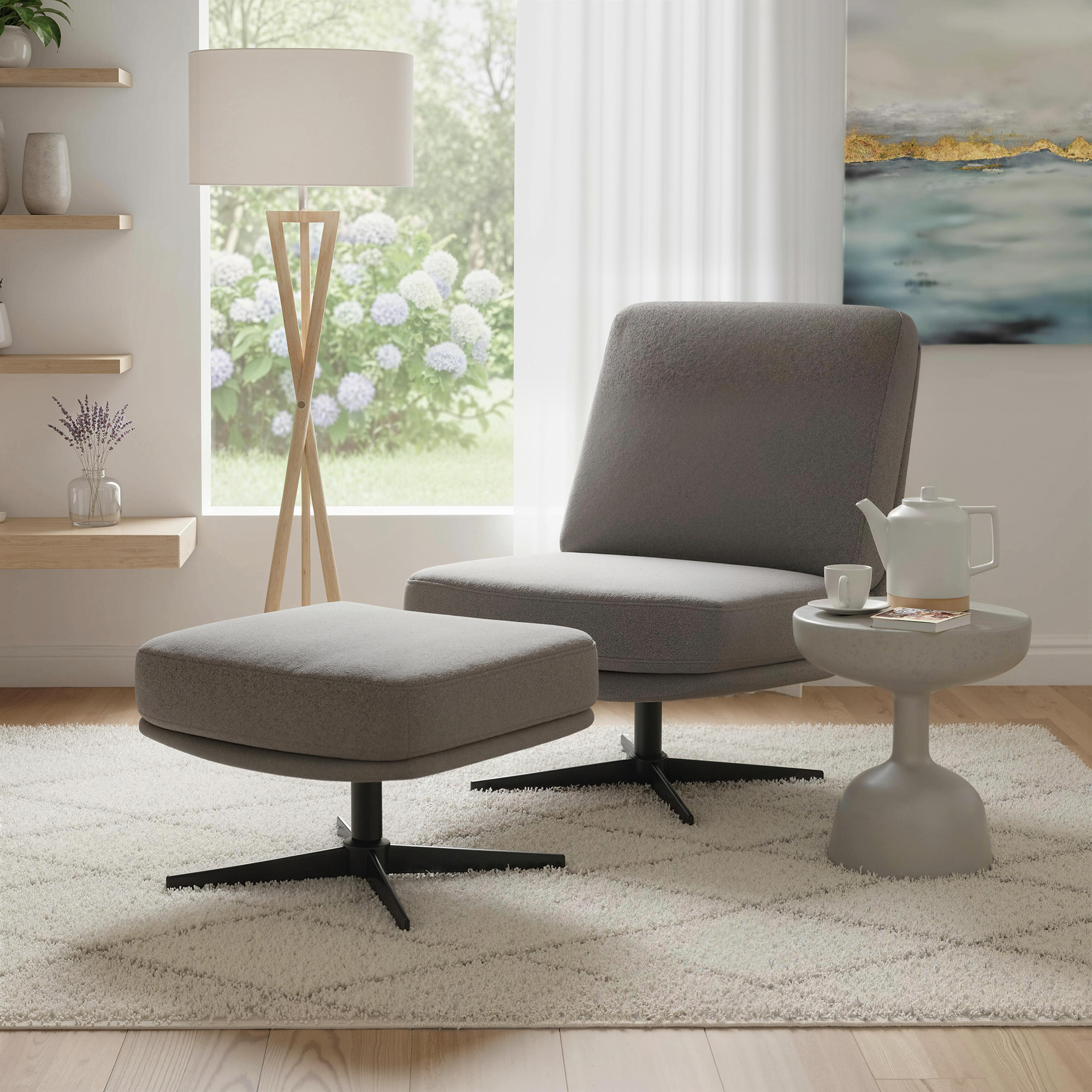 Sessel mit Hocker Drehbar Loungesessel mit Leinenoptik für Wohnzimmer Dunkelgrau