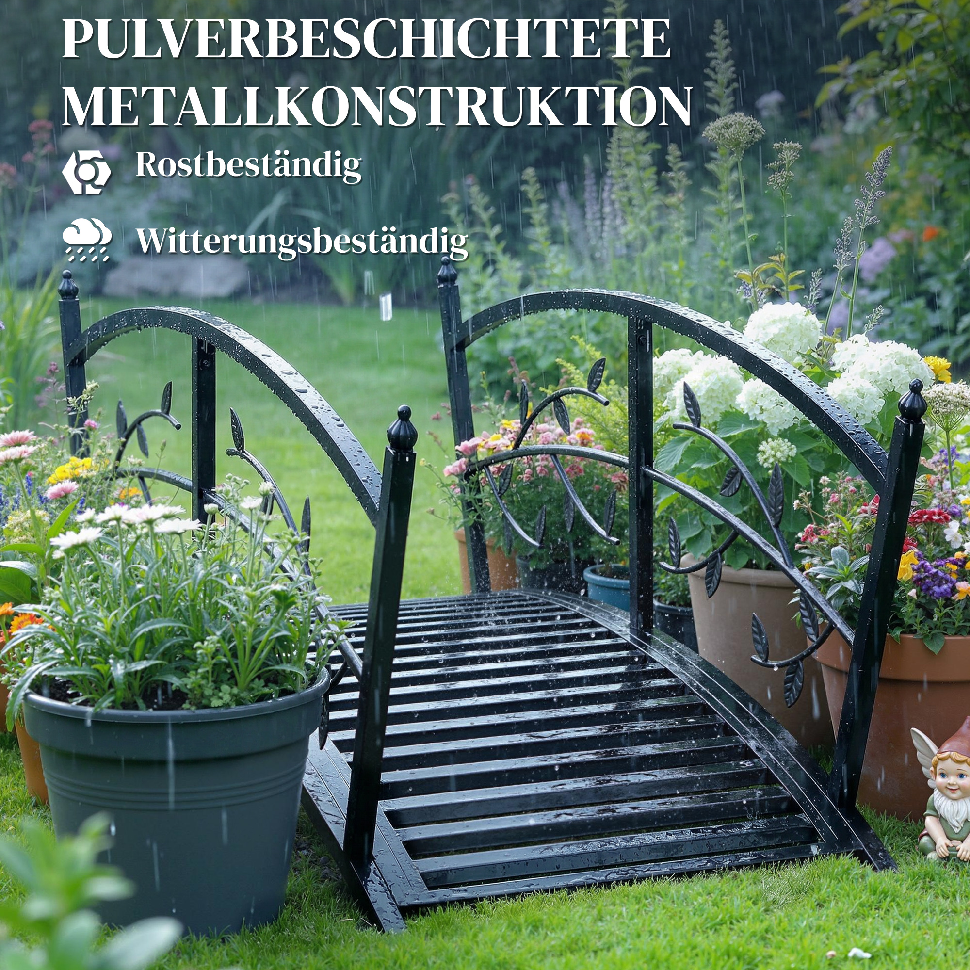 Gartenbrücke aus Metall 120 cm Teichbrücke mit Sicherheitsgeländern Antik-Optik Rostbeständig einfache Montage