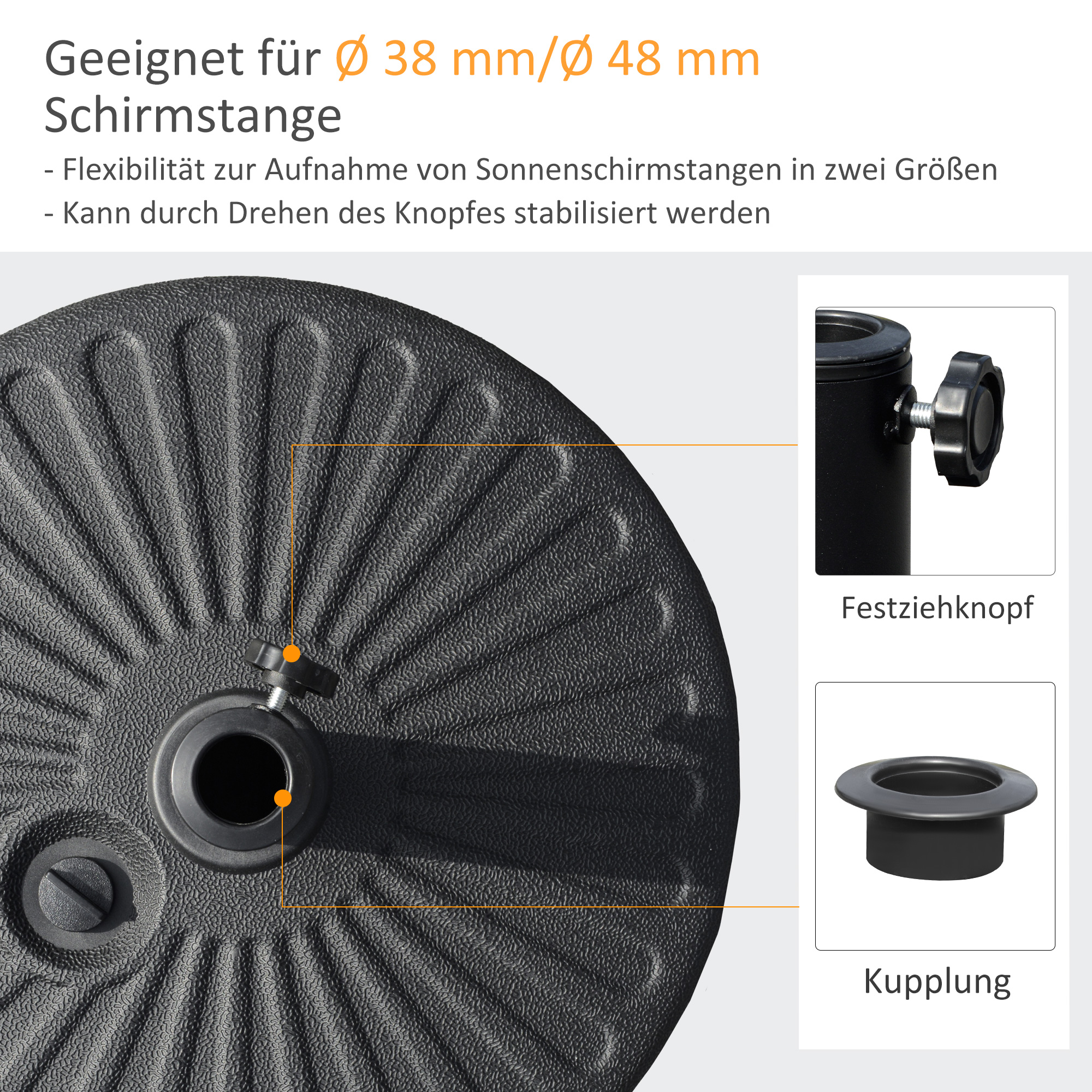 Sonnenschirmständer 22 kg Schirmständer Rund Schirmhalter, Schirmgewicht, Ständer für Sonnenschirm 38/48mm Rohrdurchmesser, für Balkon, Terasse, Garten, Schwarz