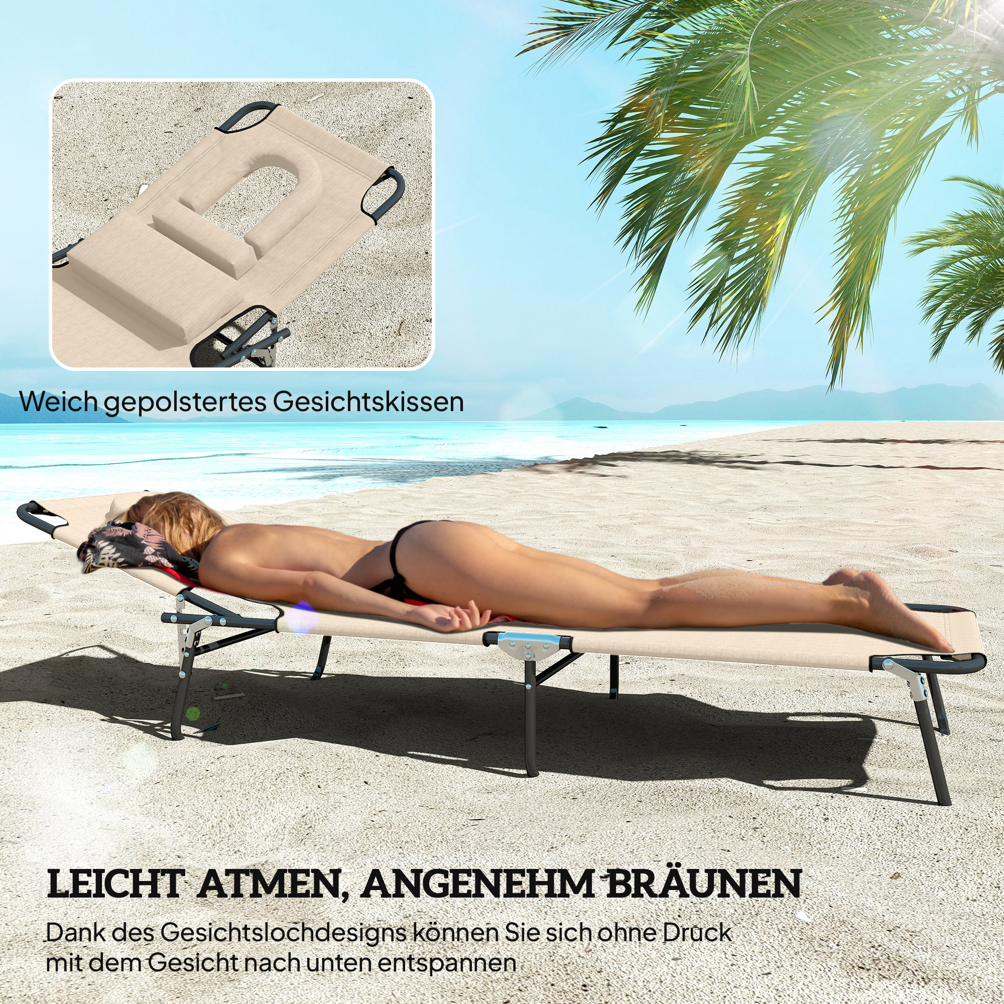 Sonnenliege mit Gesichtsloch & Kissen, klappbar, wasserabweisender Bezug, Metallrahmen, Beige