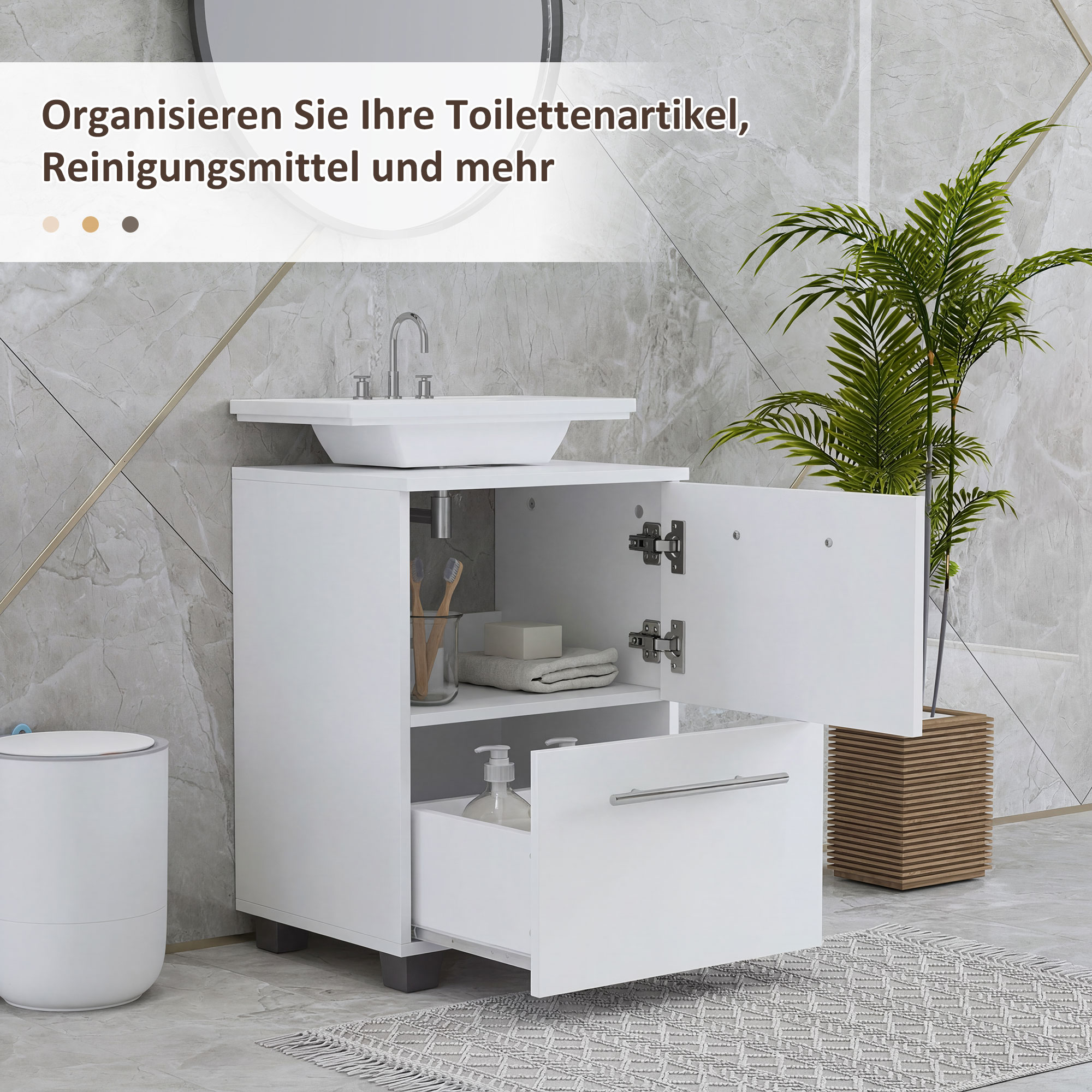 Badezimmerschrank, Waschbecken-Kommode mit Schublade, kompakt, Spanplatte, Weiß