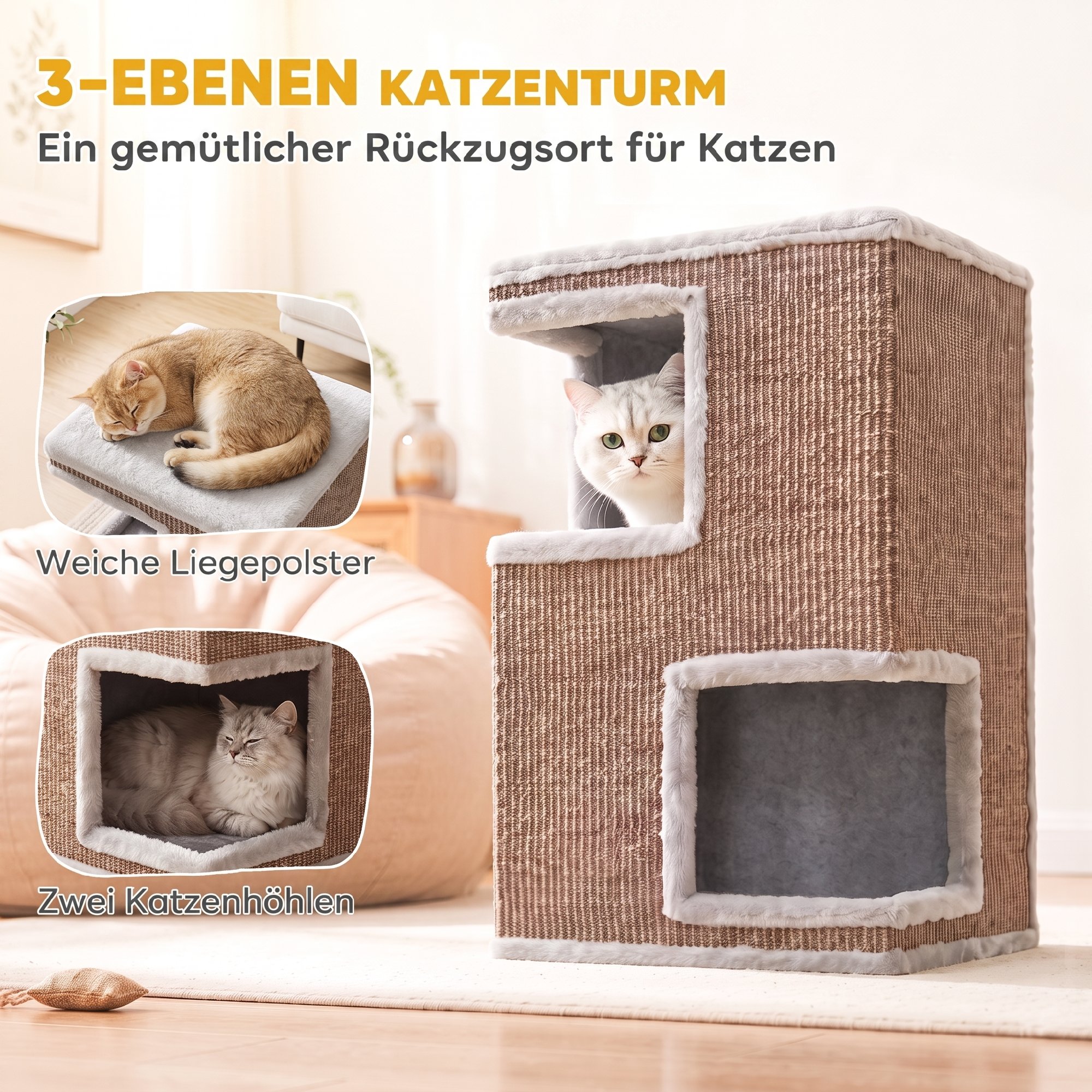 3-stöckige Katzentonne für drinnen, halbgeschlossene Katzenhöhle mit Kratzflächen rundum, 2 Katzenhöhlen