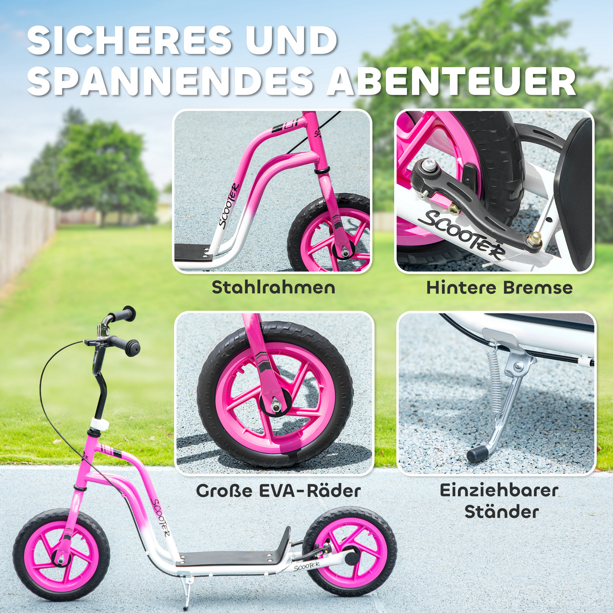 Kinderroller mit verstellbarem Lenker, große Räder, Parkständer, Handbremse, für Kinder im Alter von 5-12 Jahren, Rosa