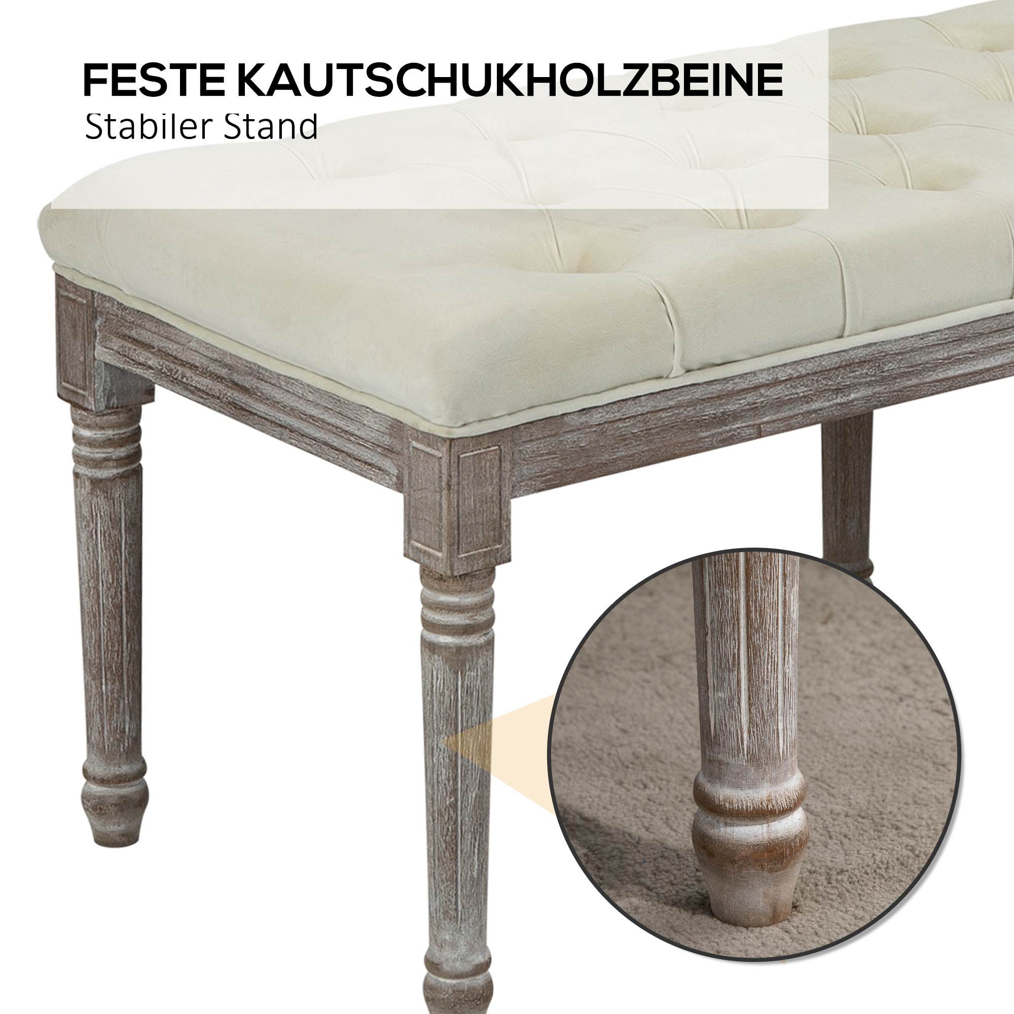 Polsterbank Sitzbank Vintage Bettbank mit Knöpfen Samtige Berührung Gummiholz Beige 142 x 47 x 51 cm