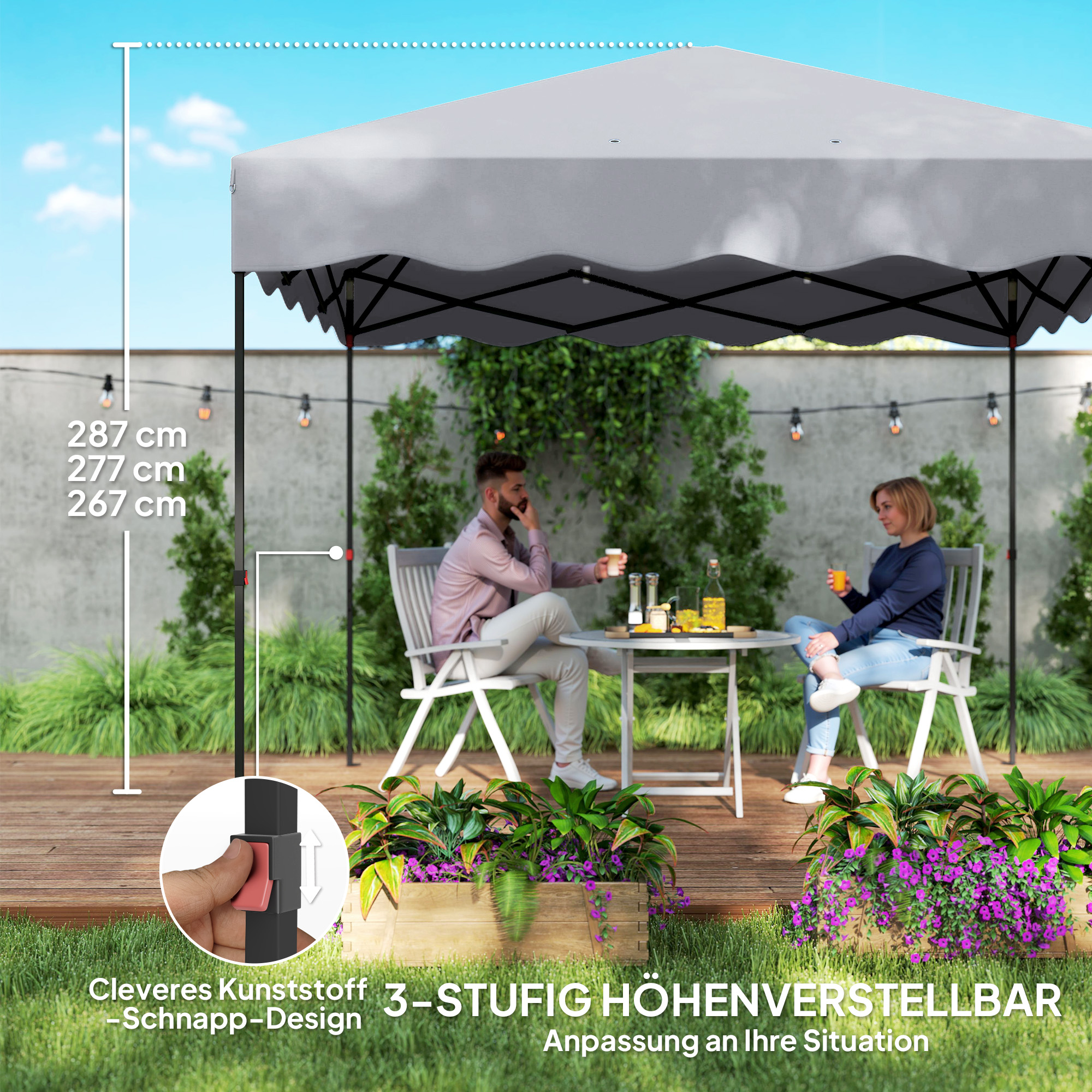 3 x 3 m Pop-up-Pavillon, Höhenverstellbares Gartenzelt, mit Rolltasche, für Garten, Terrasse, Metall, Stoff, Hellgrau