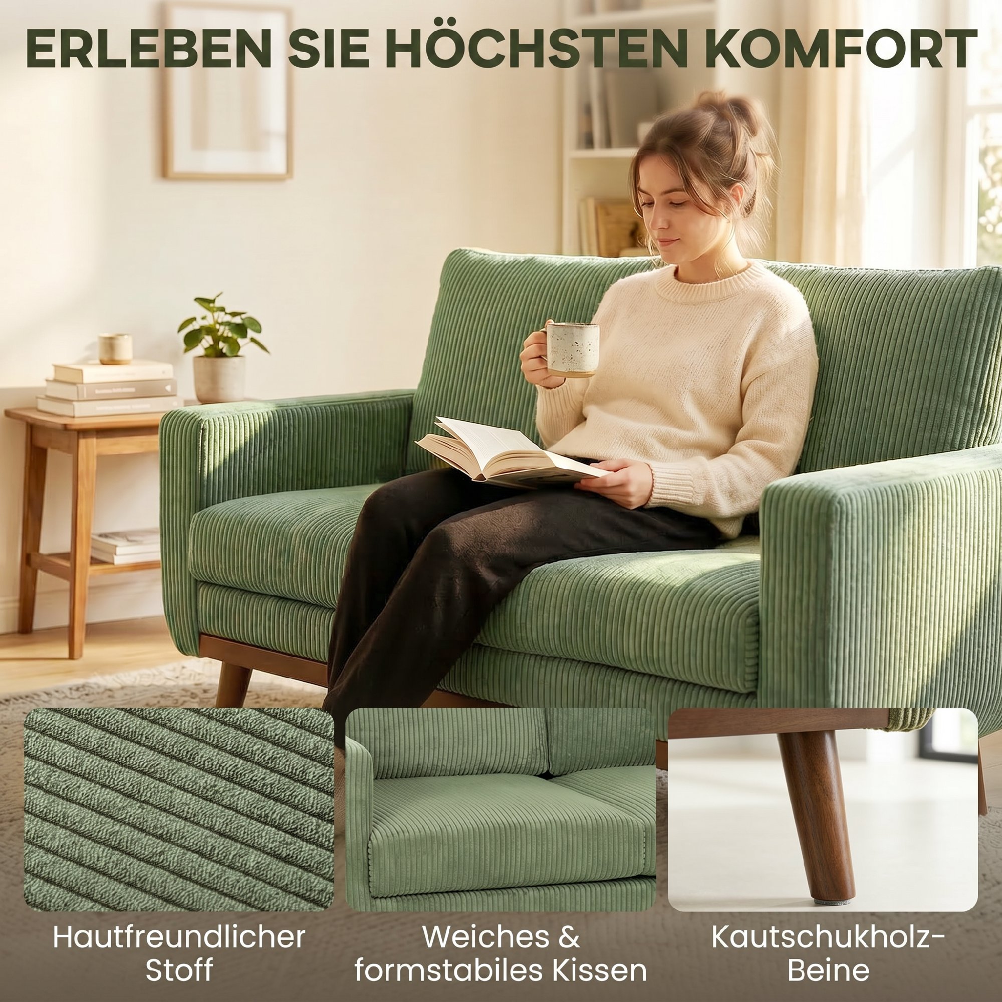 2-Sitzer-Sofa, 134 cm Cord-Sofa mit Taschenfedern, dicker Rückenlehne, Holzlatten-Akzent, Grün