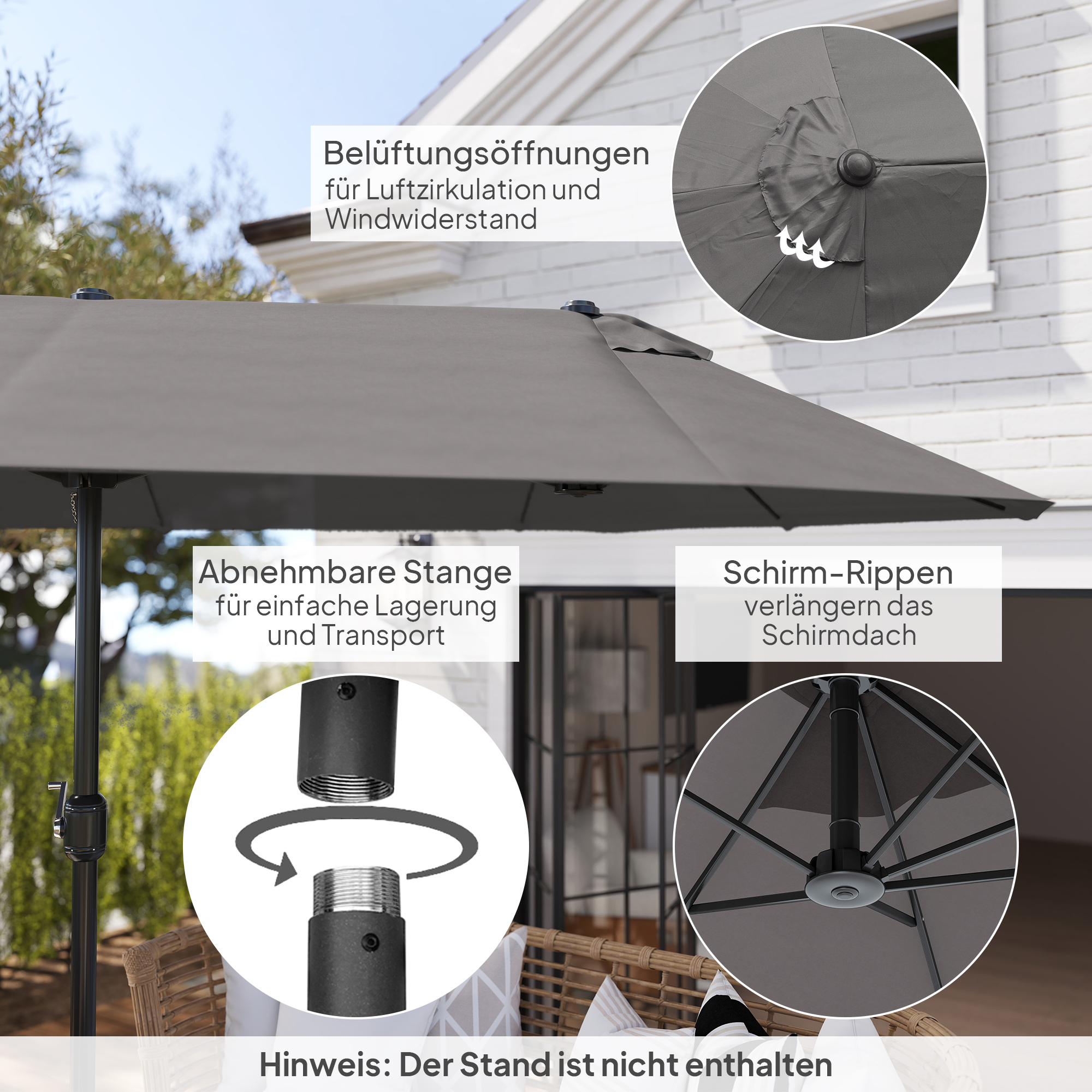 Doppelsonnenschirm 455 x 265 cm, UV Schutz Sonnenschirm mit Handkurbel, Balkonschirm windfest Kurbelschirm Sonnenschutz für Balkon Garten, Grau
