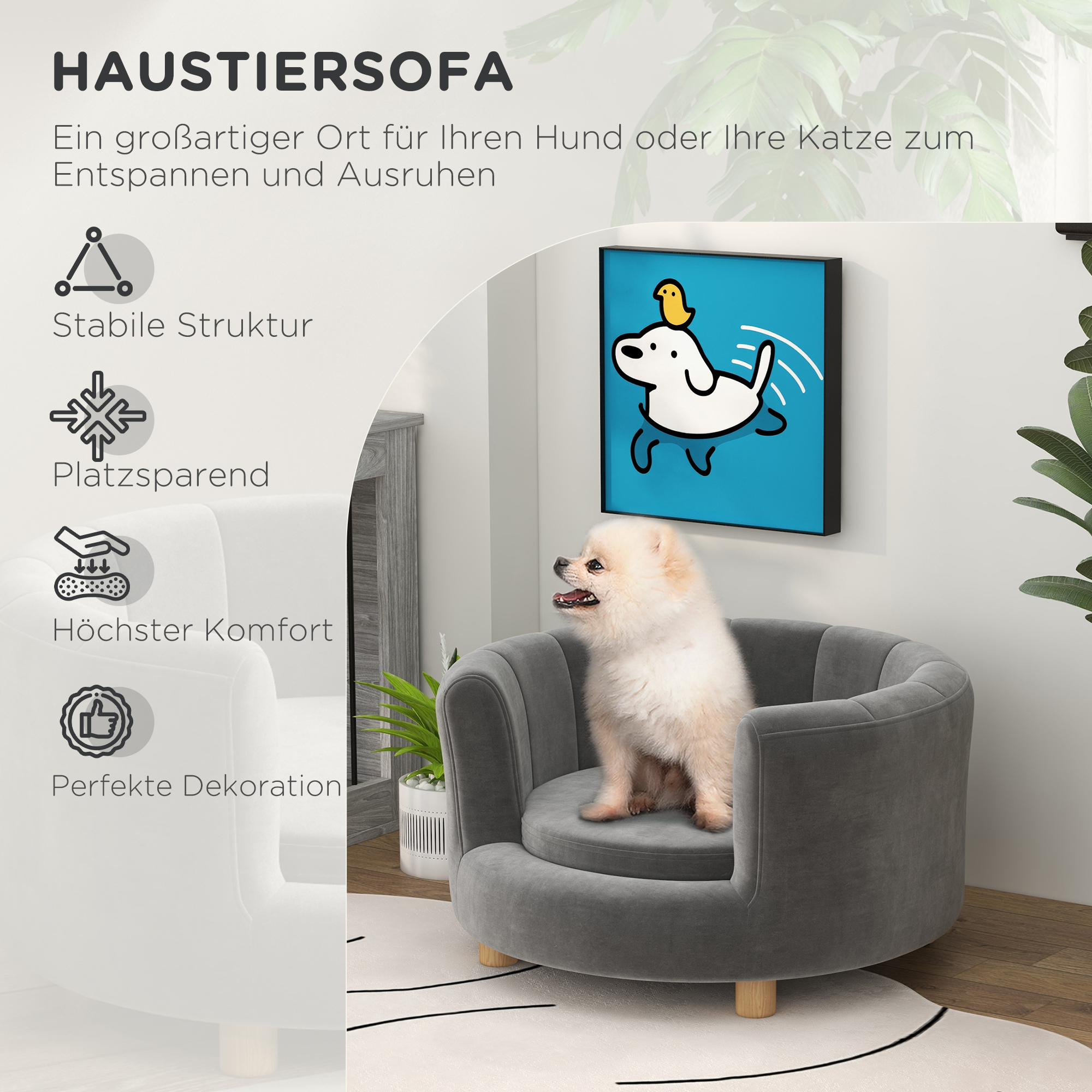 Haustierbett für Hunde und Katzen, Holzbeine, erhöht, Flanellbezug, abnehmbares Kissen, Grau