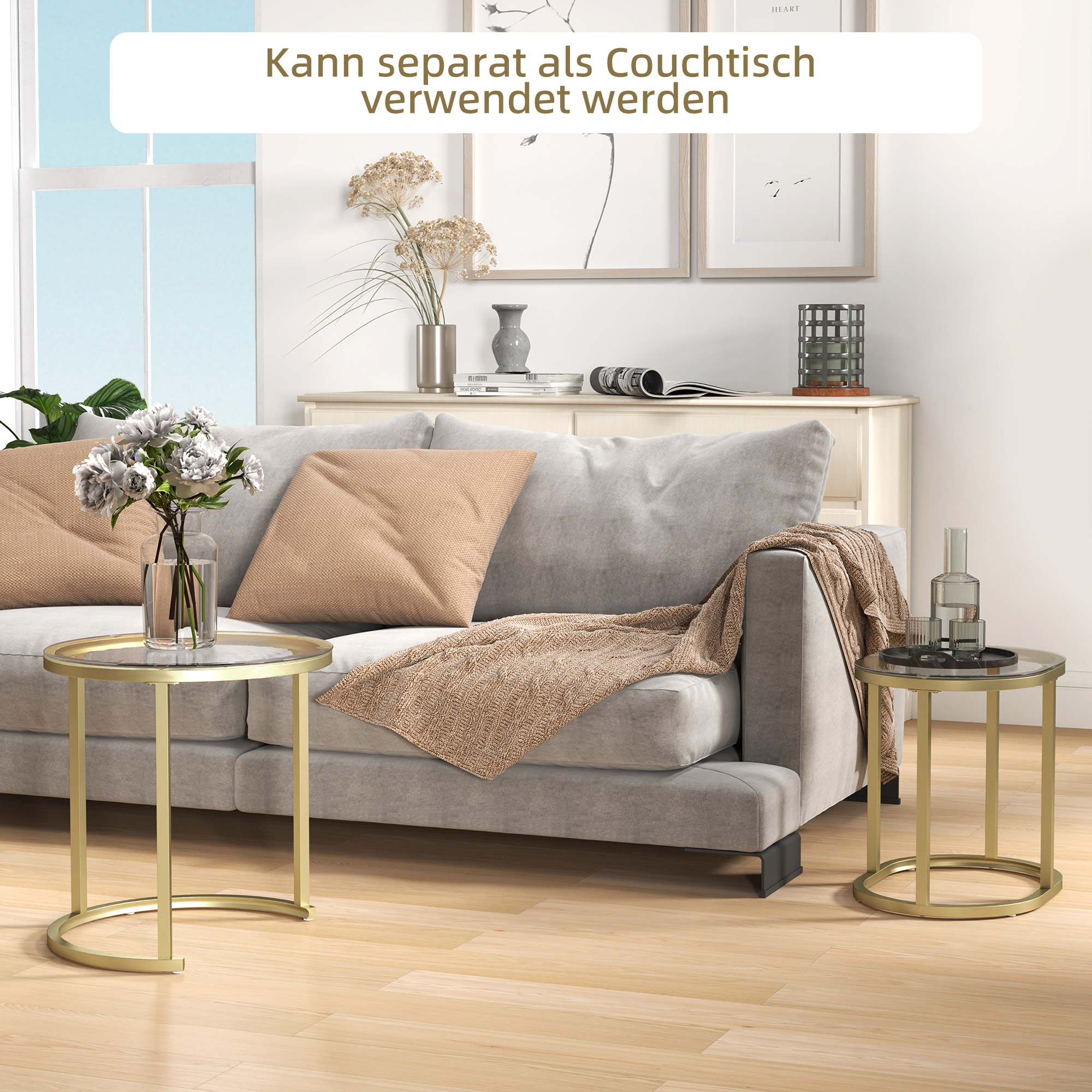 2er-Set Couchtisch, Ovaler und runder Kaffeetisch, stapelbar, Stahl, Ø50 x 50,5H cm, Gold