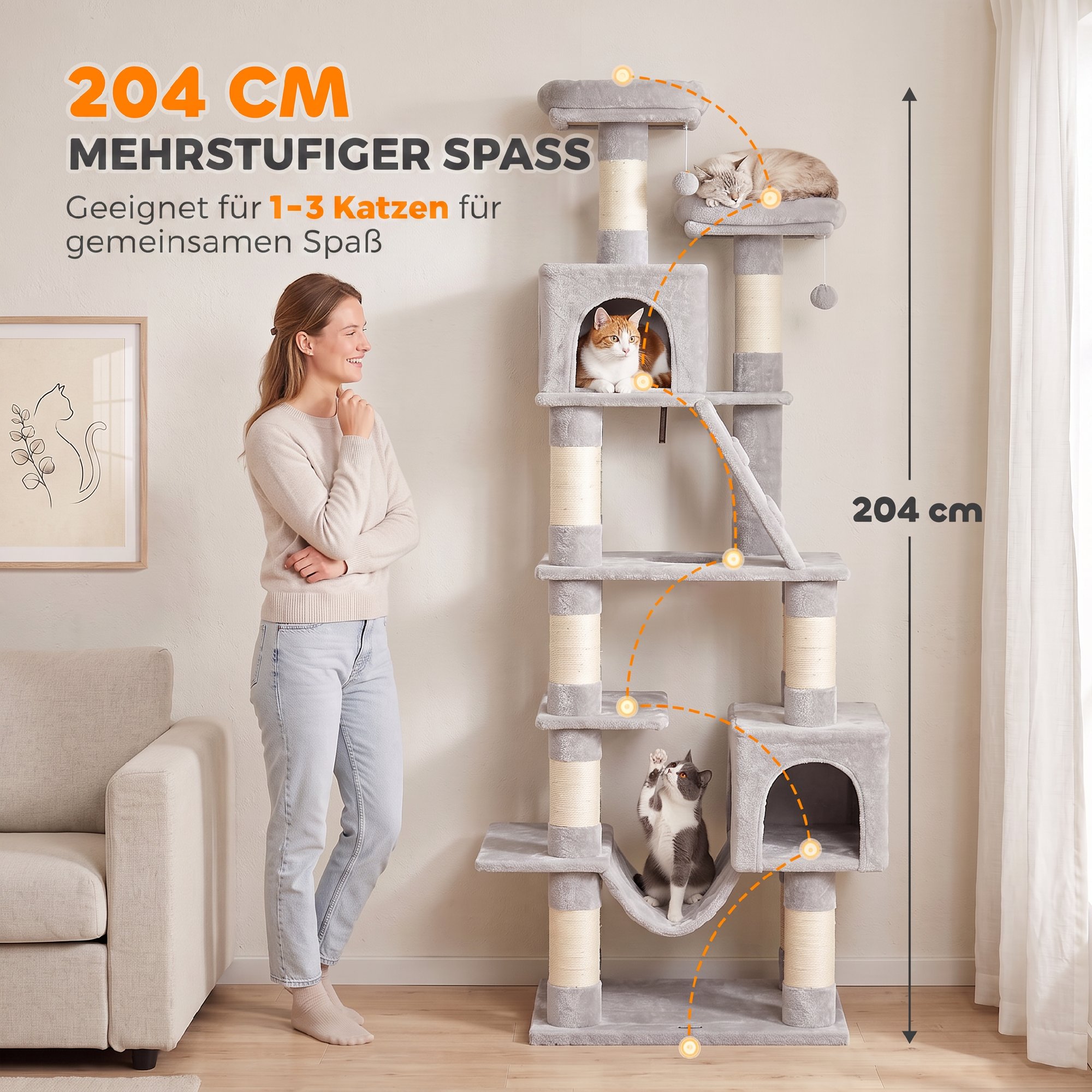 Kratzbaum 204 cm Katzenbaum mit Höhlen Leiter mehrstöckiger Katzenkratzbaum für 1–3 Katzen je bis 6 kg Hellgrau